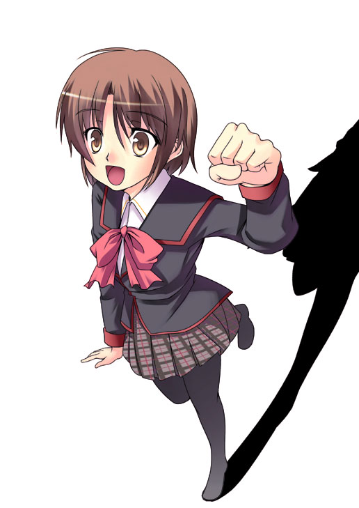 furai, naoe riki, little busters!, 1boy, bob cut, bow, brown eyes, brown hair, clenched hand, crossdressing, crossdressing (mtf), male focus, pantyhose, pink bow, raised fist, school uniform, solo, trap
