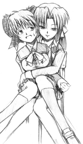 naoe riki, little busters!, lowres, traditional media, crossdressing, greyscale, monochrome, school uniform, trap