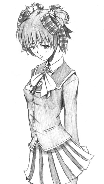 naoe riki, little busters!, traditional media, 1boy, crossdressing, crossdressing (mtf), greyscale, male focus, monochrome, school uniform, solo, trap