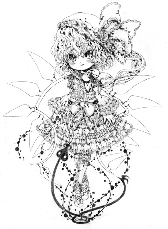 katzeh, flandre scarlet, touhou, 1girl, blood, blush, female focus, full body, gothic lolita, greyscale, hat, laevatein, lolita fashion, monochrome, ribbon, solo, white background, wings