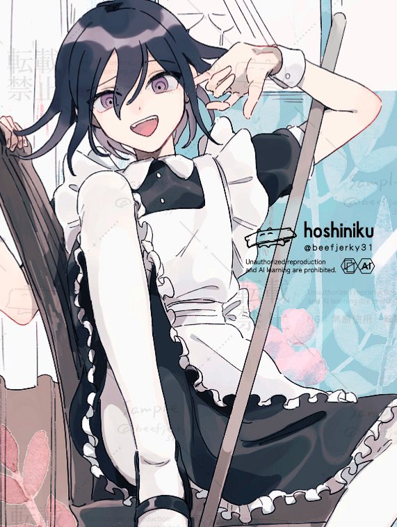 sanichi, oma kokichi, danganronpa (series), danganronpa v3: killing harmony, commentary request, 1boy, alternate costume, apron, artist name, black dress, black hair, broom, buttons, crossdressing, crossdressing (mtf), dress, ear picking, enmaided, flipped hair, frilled apron, frilled dress, frills, hair between eyes, knee up, looking at viewer, maid, maid apron, maid headdress, male focus, male maid, open mouth, puffy short sleeves, puffy sleeves, purple eyes, purple hair, ringed eyes, short hair, short sleeves, sitting, solo, thighhighs, twitter username, watermark, white apron, white thighhighs, wrist cuffs