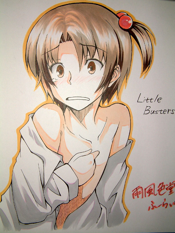 furai, naoe riki, little busters!, traditional media, 1boy, blush, brown eyes, brown hair, copyright name, crossdressing, crossdressing (mtf), dress shirt, flat chest, hair bobbles, hair ornament, male focus, no nipples, off shoulder, open clothes, open shirt, orange eyes, shikishi, shirt, short hair, side ponytail, solo, tears, trap, white background