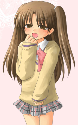 naoe riki, little busters!, lowres, 1boy, bow, brown eyes, brown hair, crossdressing, crossdressing (mtf), male focus, open mouth, pink ribbon, plaid clothes, plaid skirt, ribbon, school uniform, skirt, smile, solo, trap, twintails