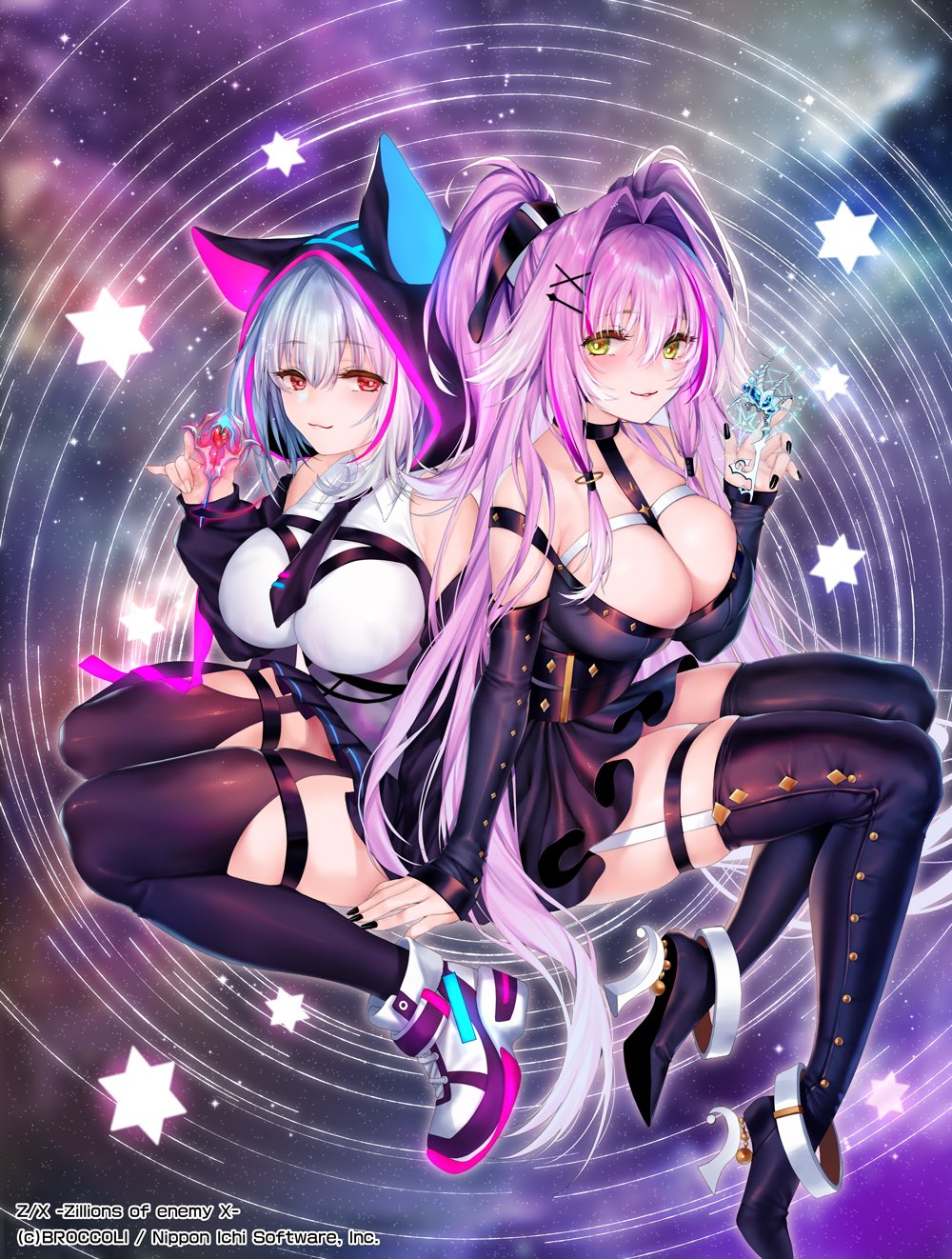 weisuoxin, tenryuu yutaka, z/x, highres, official art, 2girls, animal ear hood, bare shoulders, black boots, black dress, black nails, black skirt, black thighhighs, boots, breasts, cleavage, copyright notice, detached sleeves, dress, fake animal ears, grey hair, hair ornament, hairclip, high ponytail, hood, large breasts, long hair, medium hair, multicolored hair, multiple girls, pink hair, ponytail, red eyes, shirt, shoes, skirt, thigh boots, thigh strap, thighhighs, very long hair, white shirt, yato urara, yellow eyes