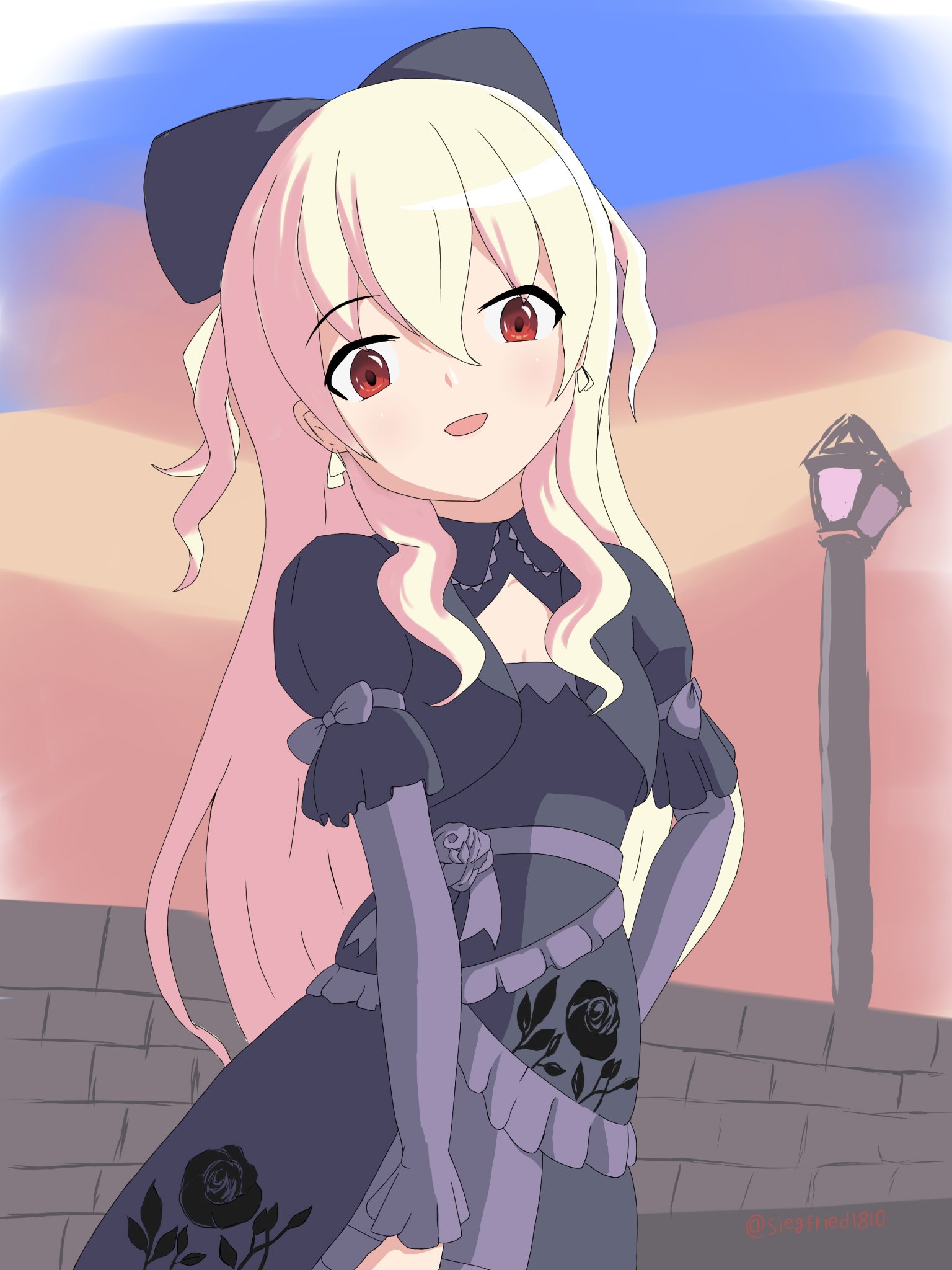 ikazu401, siegfried1810, highres, 1girl, black dress, black flower, black ribbon, black rose, dress, floral print, flower, frilled dress, frills, gothic lolita, hair ribbon, lamppost, lolita fashion, red eyes, ribbon, rose, rose print, smile, sunset, white hair