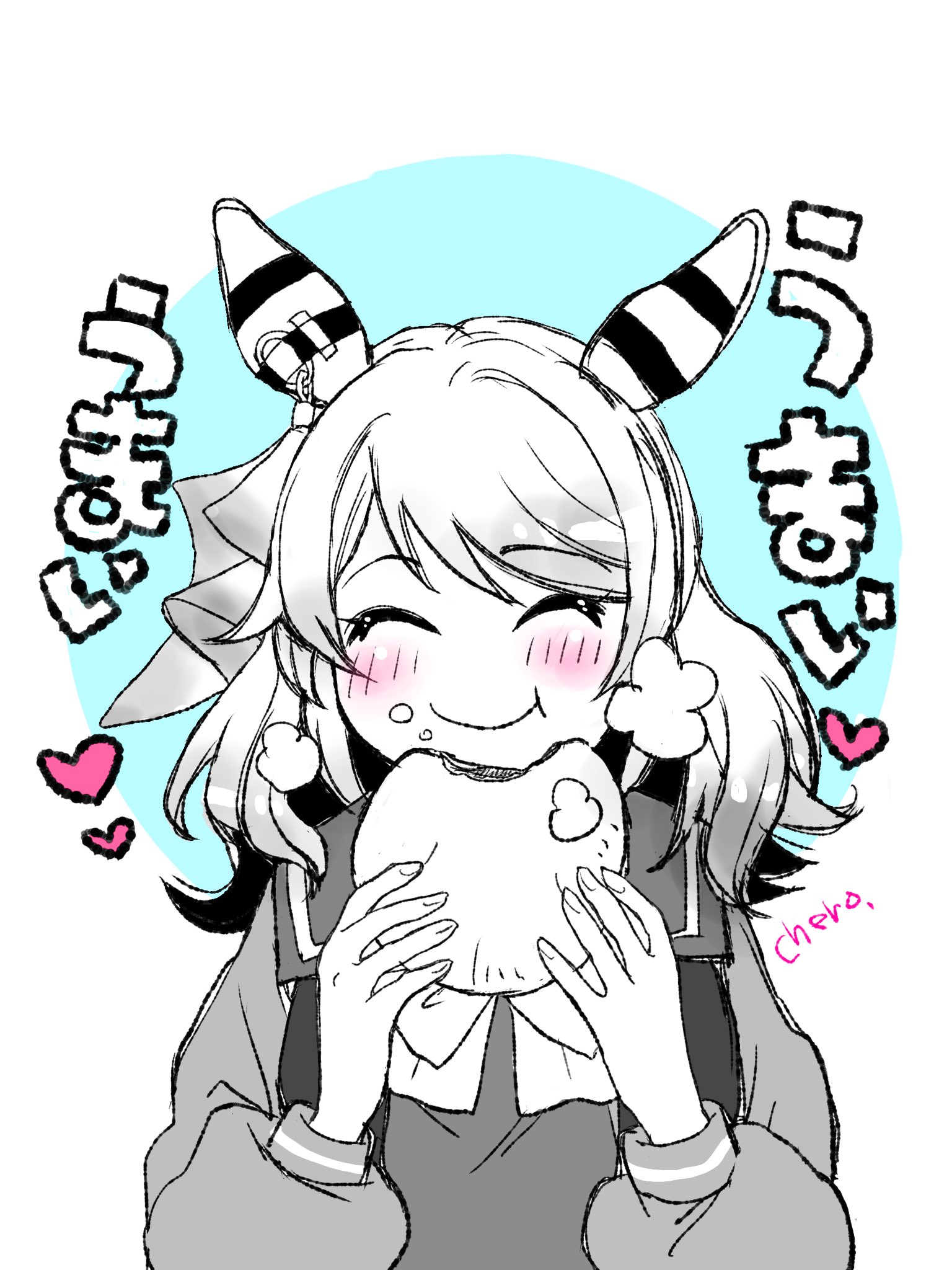 negimatukune043, hishi miracle (umamusume), umamusume, highres, 1girl, animal ears, blush, bow, closed eyes, closed mouth, crumbs, ear covers, eating, food, food on face, heart, holding, holding food, horse ears, horse girl, long sleeves, medium hair, monochrome, sailor collar, sailor shirt, school uniform, shirt, smile, solo, spot color, steamed bun, tracen school uniform, upper body