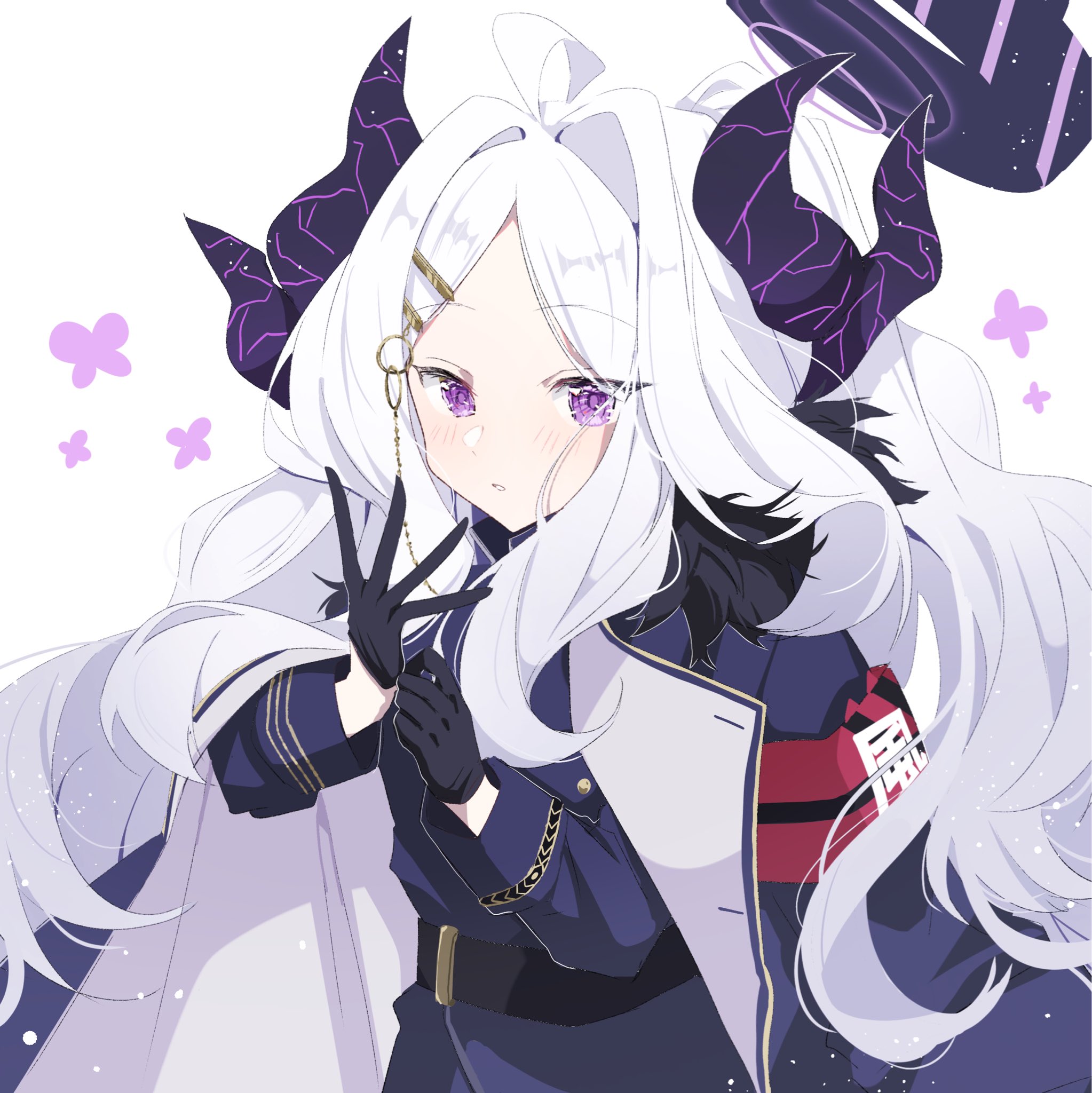 harebare yurata, blue archive, highres, ahoge, armband, belt, black belt, black coat, black gloves, black halo, coat, coat on shoulders, demon girl, demon horns, gloves, halo, horns, long hair, purple eyes, red armband, upper body, very long hair, white hair