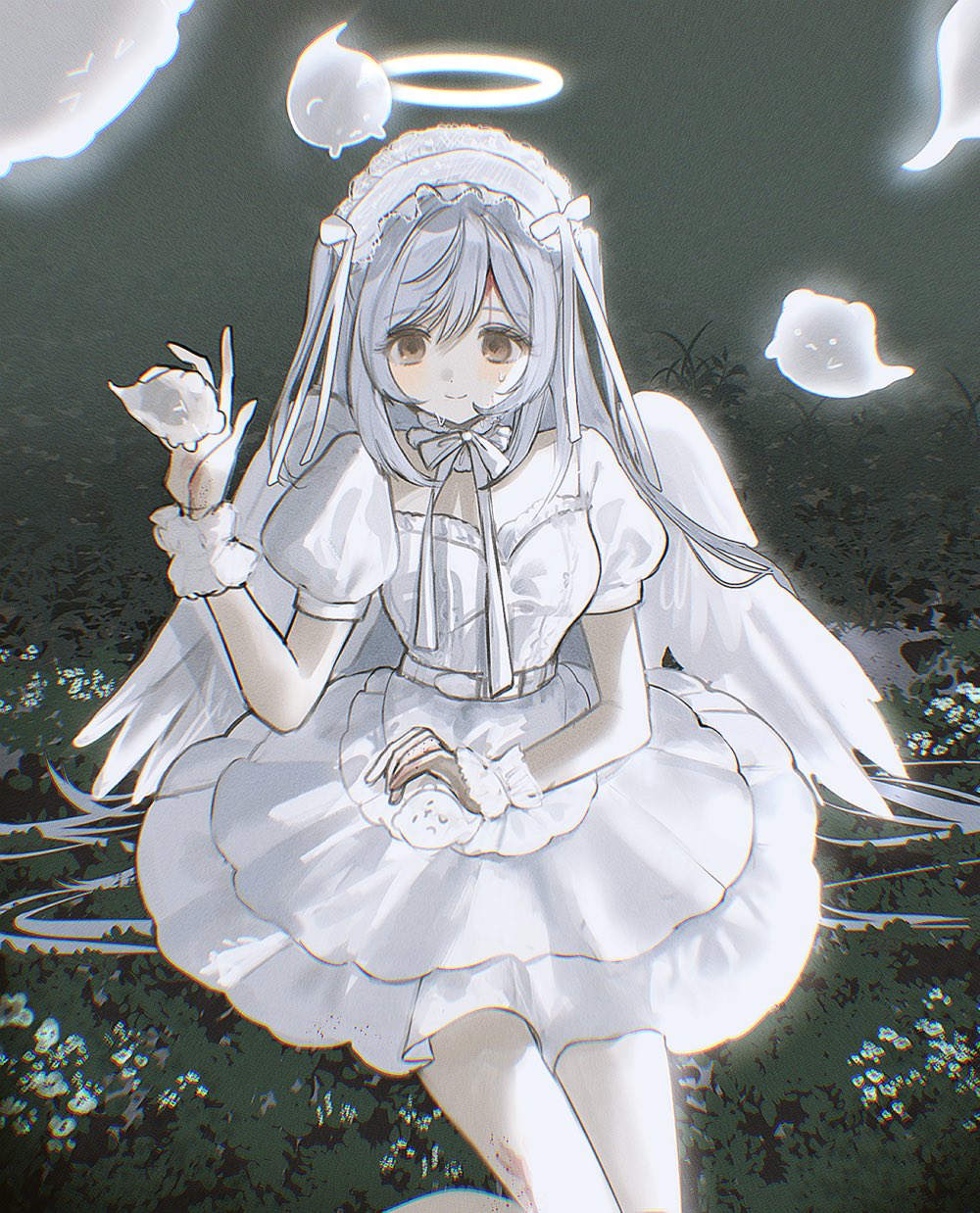 mechiru, original, highres, 1girl, angel, angel wings, belt, belt buckle, black background, blood, blood from forehead, blood on leg, bloom, brown eyes, buckle, choker, cowboy shot, dress, feathered wings, frilled dress, frills, gloves, glowing, glowing halo, grass, hairband, halo, hitodama, lace-trimmed hairband, lace trim, layered dress, lolita hairband, long hair, looking to the side, narrow waist, on grass, puffy short sleeves, puffy sleeves, ribbon, ribbon choker, short dress, short sleeves, sitting, smile, solo, sweatdrop, traditional halo, two side up, very long hair, white belt, white choker, white dress, white hair, white hairband, white halo, white ribbon, white wrist cuffs, wings, wrist cuffs