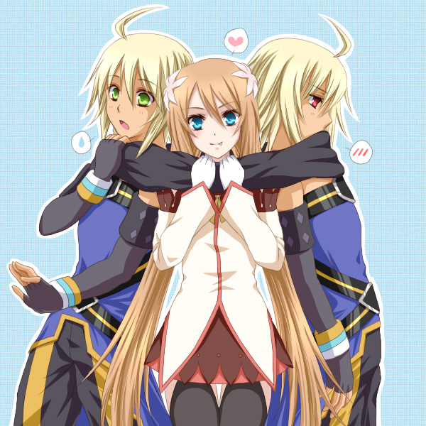daybreak, emil castagnier, marta lualdi, tales of (series), tales of symphonia, tales of symphonia: dawn of the new world, 00s, 1girl, 2boys, blonde hair, blue eyes, blush, brown hair, dual persona, fang, flower, gloves, green eyes, hair ornament, heart, long hair, multiple boys, red eyes, scarf, shared clothes, shared scarf, smile, spoken blush, spoken heart