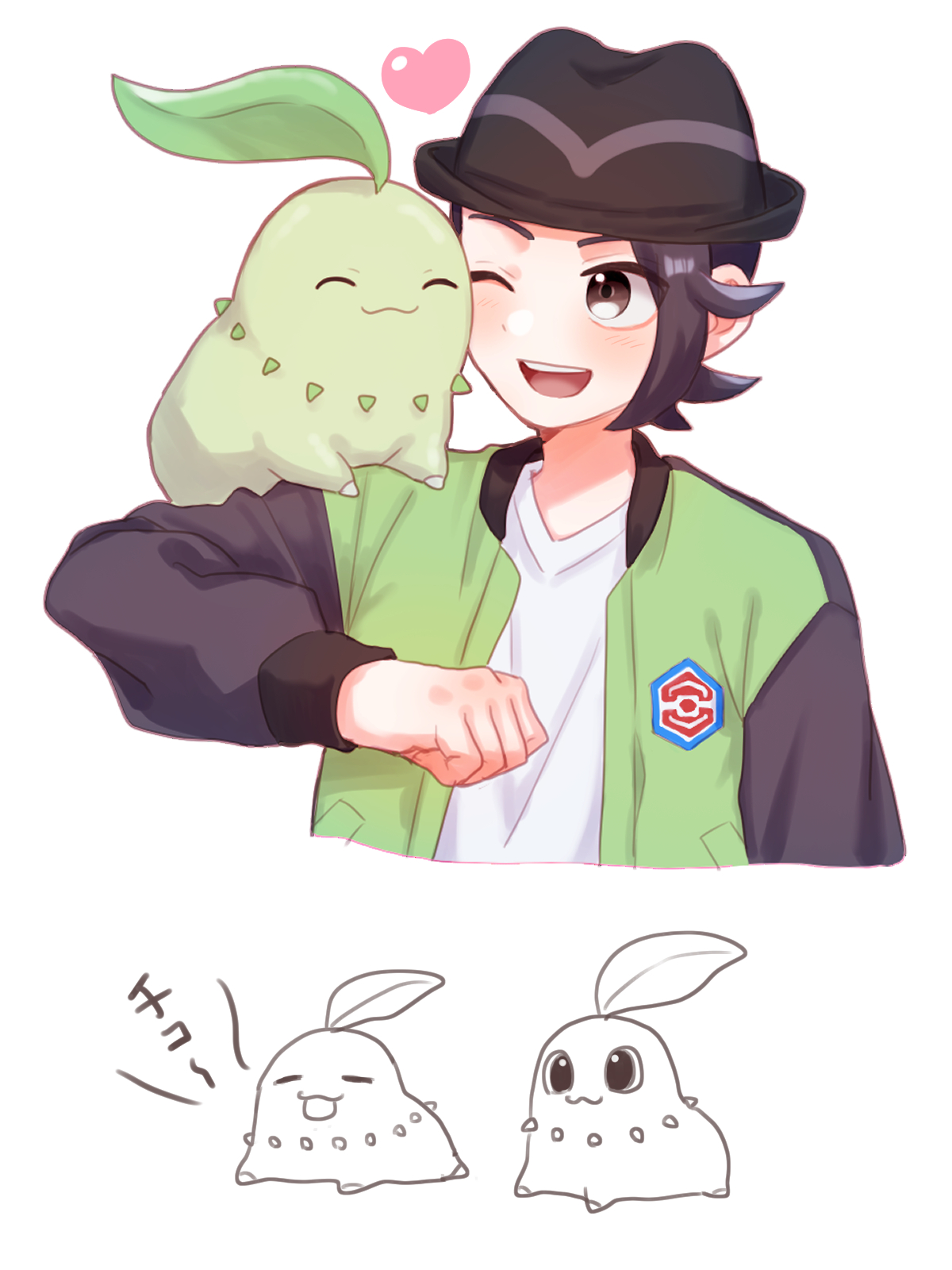 mochi (mocchi p 2m), chikorita, paxton (pokemon), nintendo, pokemon, pokemon legends: z-a, commentary request, highres, 1boy, ;d, affectionate, black hair, black hat, gen 2 pokemon, green jacket, hat, heart, jacket, male focus, one eye closed, open clothes, open jacket, open mouth, partially colored, pokemon (creature), shirt, short hair, smile, teeth, tongue, upper teeth only, white background, white shirt