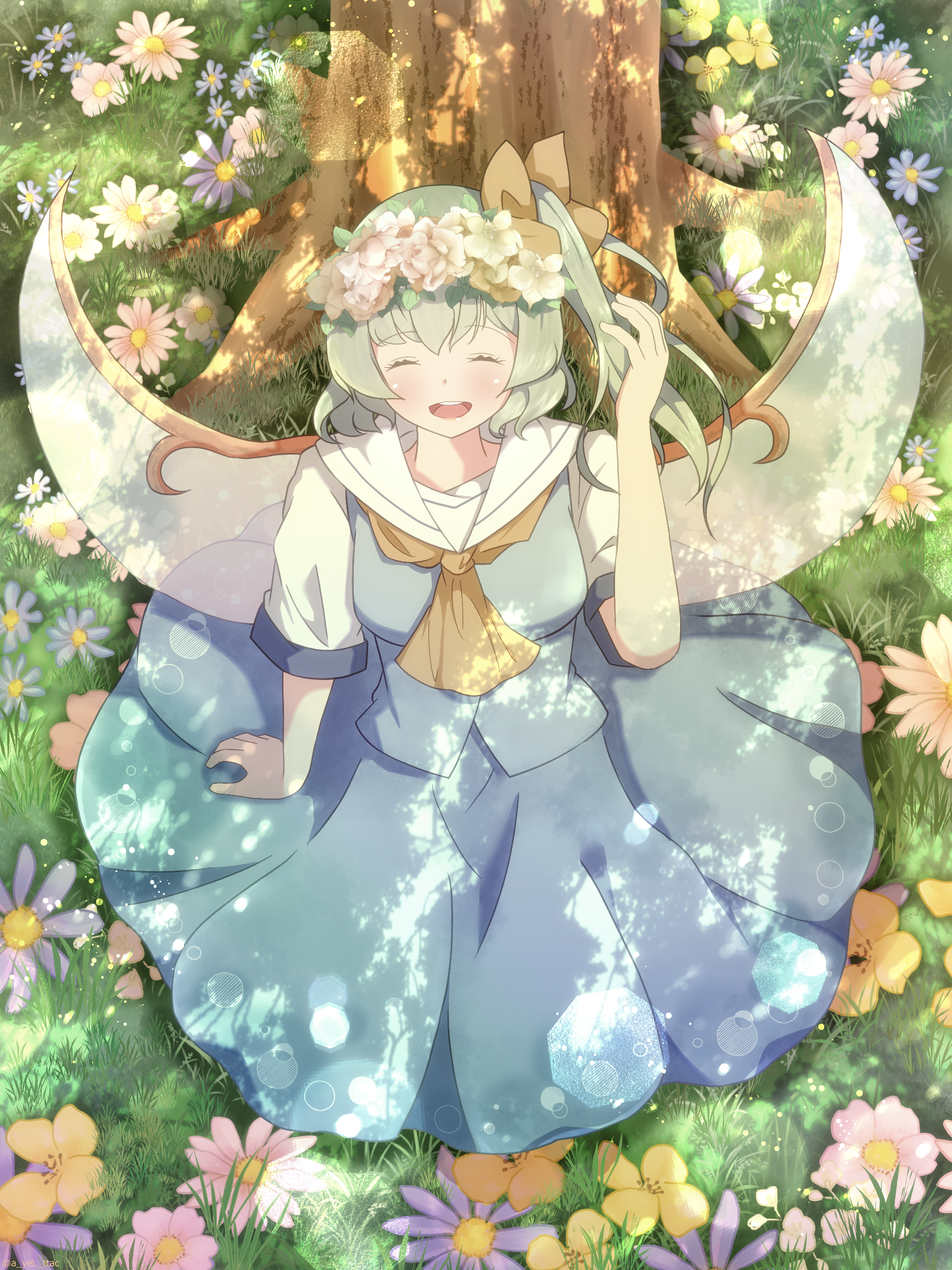 cattleya (a yel ttac), daiyousei, touhou, absurdres, commentary, highres, 1girl, ^ ^, ascot, blue skirt, blue vest, blush, bow, closed eyes, facing viewer, fairy, fairy wings, field, flower, flower field, grass, green hair, hair bow, head wreath, one side up, outdoors, shirt, short sleeves, skirt, skirt set, smile, solo, teeth, tree, upper teeth only, vest, white shirt, wings, yellow ascot, yellow bow