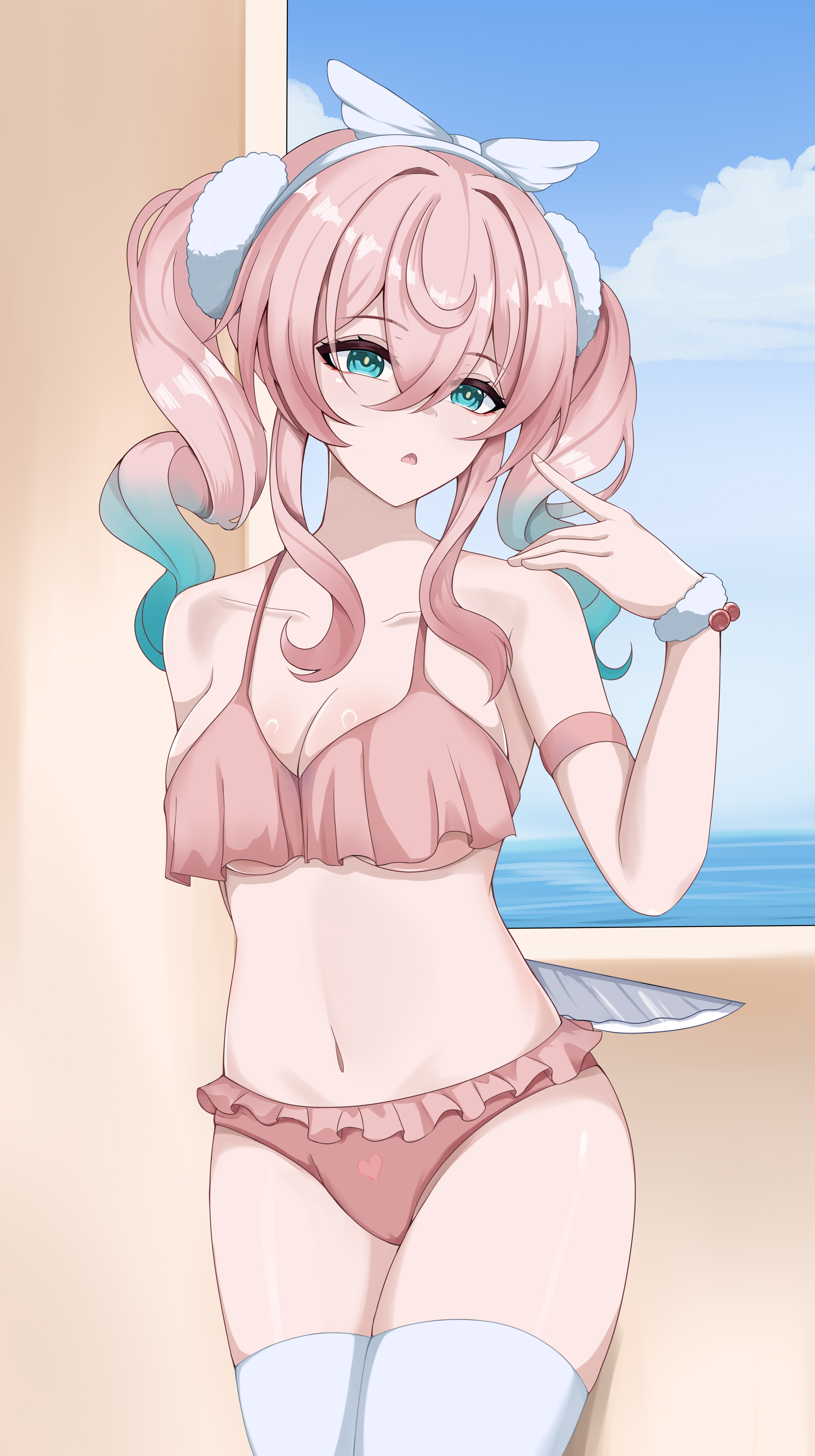 hyacine (honkai: star rail), honkai: star rail, honkai (series), absurdres, commentary request, highres, 1girl, aqua eyes, bare shoulders, bikini, blue sky, day, holding, holding behind back, holding knife, holding knife behind back, knife, medium hair, midriff, multicolored hair, navel, ocean, pink bikini, pink hair, s956448903, sky, solo, swimsuit, thighhighs, thighs, twintails, two-tone hair, white thighhighs