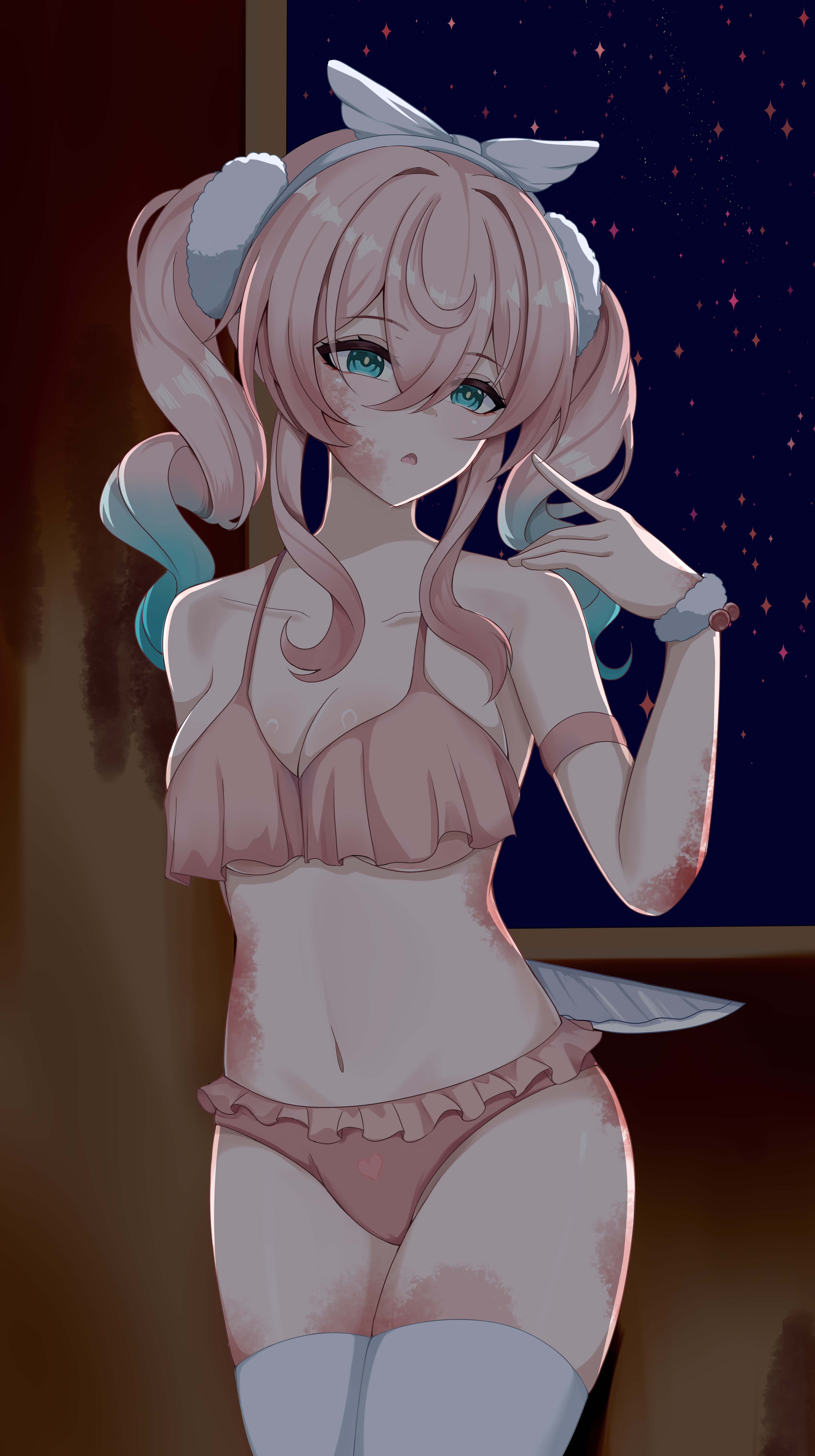 hyacine (honkai: star rail), honkai: star rail, honkai (series), absurdres, commentary request, highres, 1girl, aqua eyes, bare shoulders, beach, bikini, blood on body, holding, holding behind back, holding knife, holding knife behind back, knife, medium hair, midriff, multicolored hair, navel, night, night sky, ocean, outdoors, pink bikini, pink hair, s956448903, sky, solo, star (sky), starry sky, swimsuit, thighhighs, thighs, twintails, two-tone hair, white thighhighs