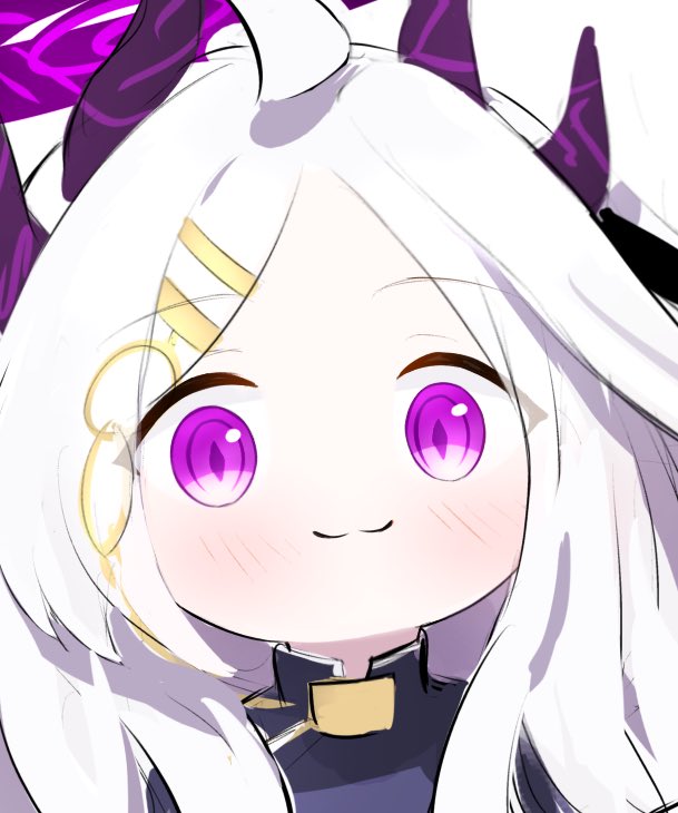 hina (blue archive), blue archive, 1girl, black halo, blush, demon girl, demon horns, halo, hike810, horns, long hair, looking at viewer, mutsuki face (blue archive), purple eyes, solo, white hair