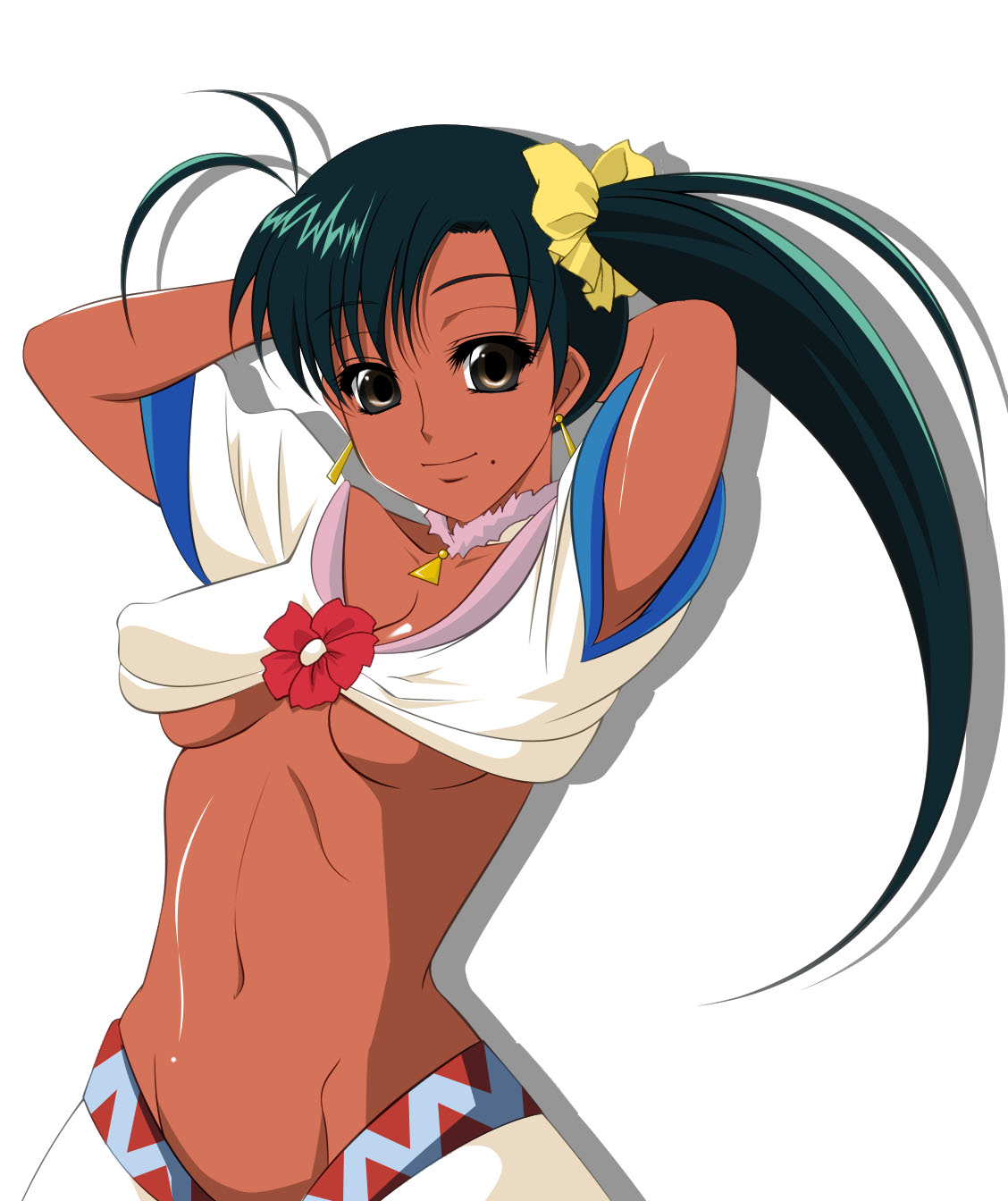 jean (lunar), game arts, lunar, lunar 2: eternal blue, highres, 1girl, breasts, brown eyes, covered erect nipples, dark-skinned female, dark skin, female focus, green hair, groin, mole, navel, side ponytail, solo, underboob, white background