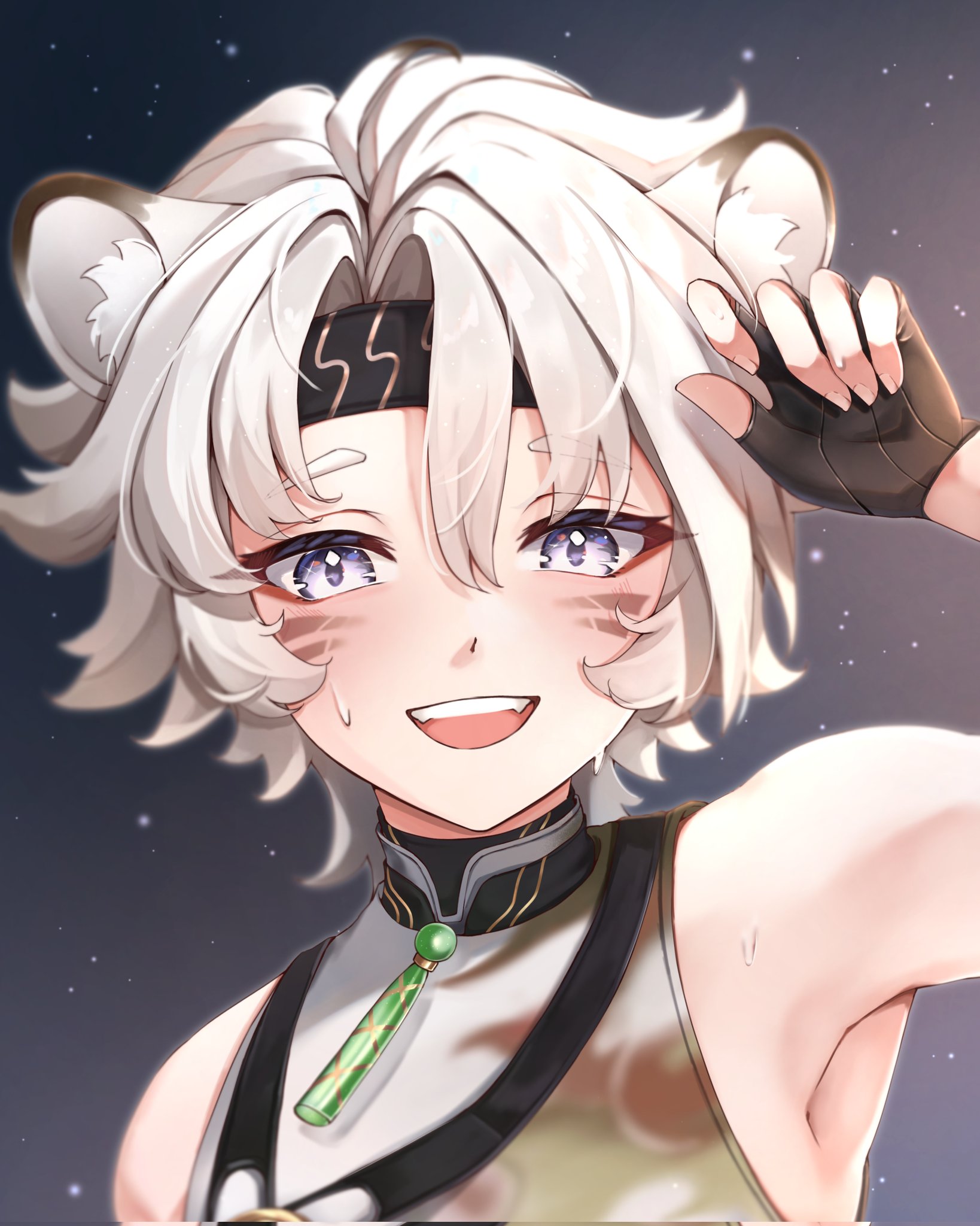 lingyang (wuthering waves), wuthering waves, commentary, corrupted twitter file, english commentary, highres, ibispaint (medium), 1boy, animal ear fluff, animal ears, arm up, black gloves, black headband, blue eyes, choppy bangs, facial mark, fingerless gloves, gloves, grey background, grey shirt, hair between eyes, headband, looking at viewer, male focus, open mouth, riria mona1, shirt, short hair, sleeveless, sleeveless shirt, smile, solo, sweat, teeth, upper body, upper teeth only, whisker markings, white hair, wolf boy, wolf ears