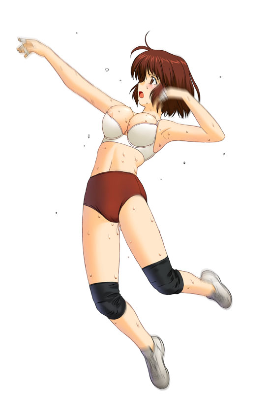a1 (initial-g), 1girl, areola slip, bra, breasts, brown eyes, brown hair, buruma, female focus, jumping, knee pads, large breasts, lingerie, nipple slip, nipples, no socks, open mouth, simple background, solo, sweat, underwear, white background