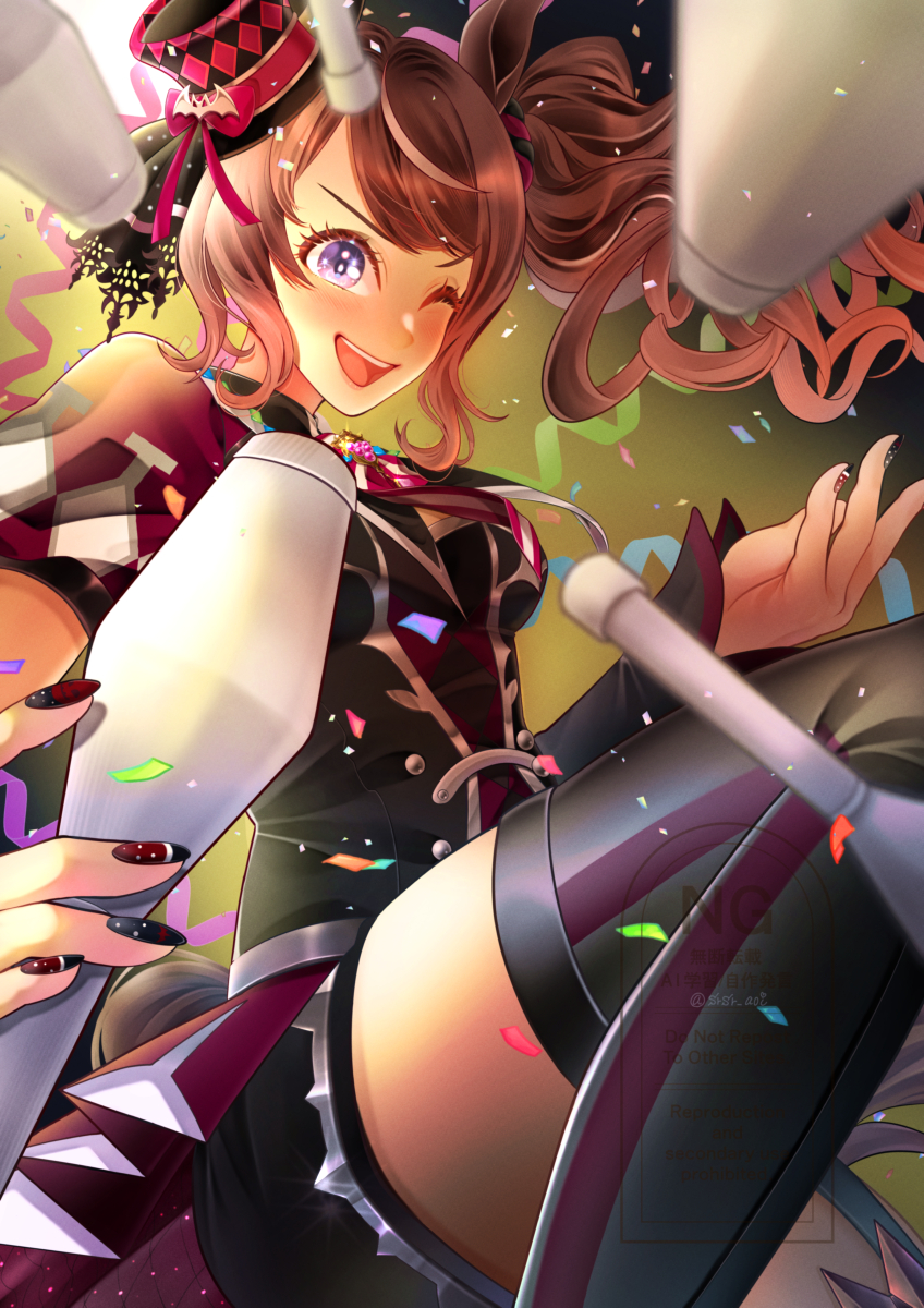 tosen jordan (umamusume), umamusume, highres, 1girl, animal ears, bat hat ornament, black shirt, black shorts, black thighhighs, blush, breasts, brown hair, circus, confetti, hair ornament, hair scrunchie, halloween, halloween costume, hat, hat ornament, holding juggling club, horse ears, horse girl, horse tail, jacket, juggling, juggling club, long hair, necktie, official alternate costume, one eye closed, open mouth, ponytail, puffy short sleeves, puffy sleeves, red jacket, sarasa aoi, scrunchie, shirt, short necktie, short sleeves, shorts, smile, solo, tail, thighhighs, top hat, tosen jordan (highkey hallowed) (umamusume)