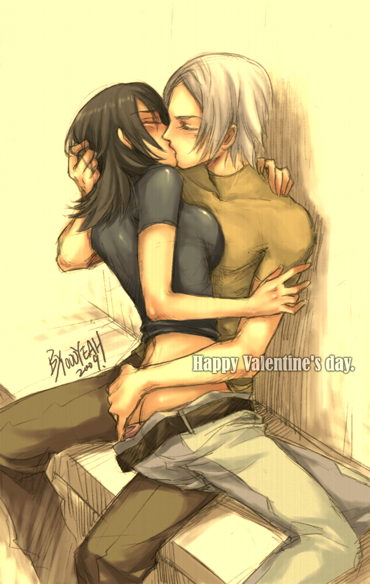chiseko1000yeah, allelujah haptism, soma peries, gundam, gundam 00, 00s, 1boy, 1girl, ass, breasts, brown hair, butt crack, genderswap, genderswap (ftm), genderswap (mtf), grabbing another's ass, groping, hetero, kiss, large breasts, short hair, white hair