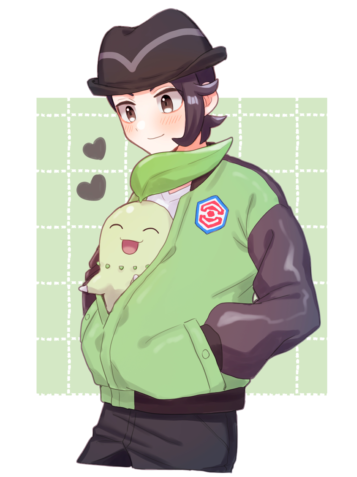 mochi (mocchi p 2m), chikorita, paxton (pokemon), nintendo, pokemon, pokemon legends: z-a, commentary request, highres, 1boy, black hair, black hat, closed mouth, gen 2 pokemon, green background, green jacket, hands in pockets, hat, heart, jacket, light blush, looking down, male focus, pants, pokemon (creature), pokemon in clothes, shirt, short hair, smile, white shirt