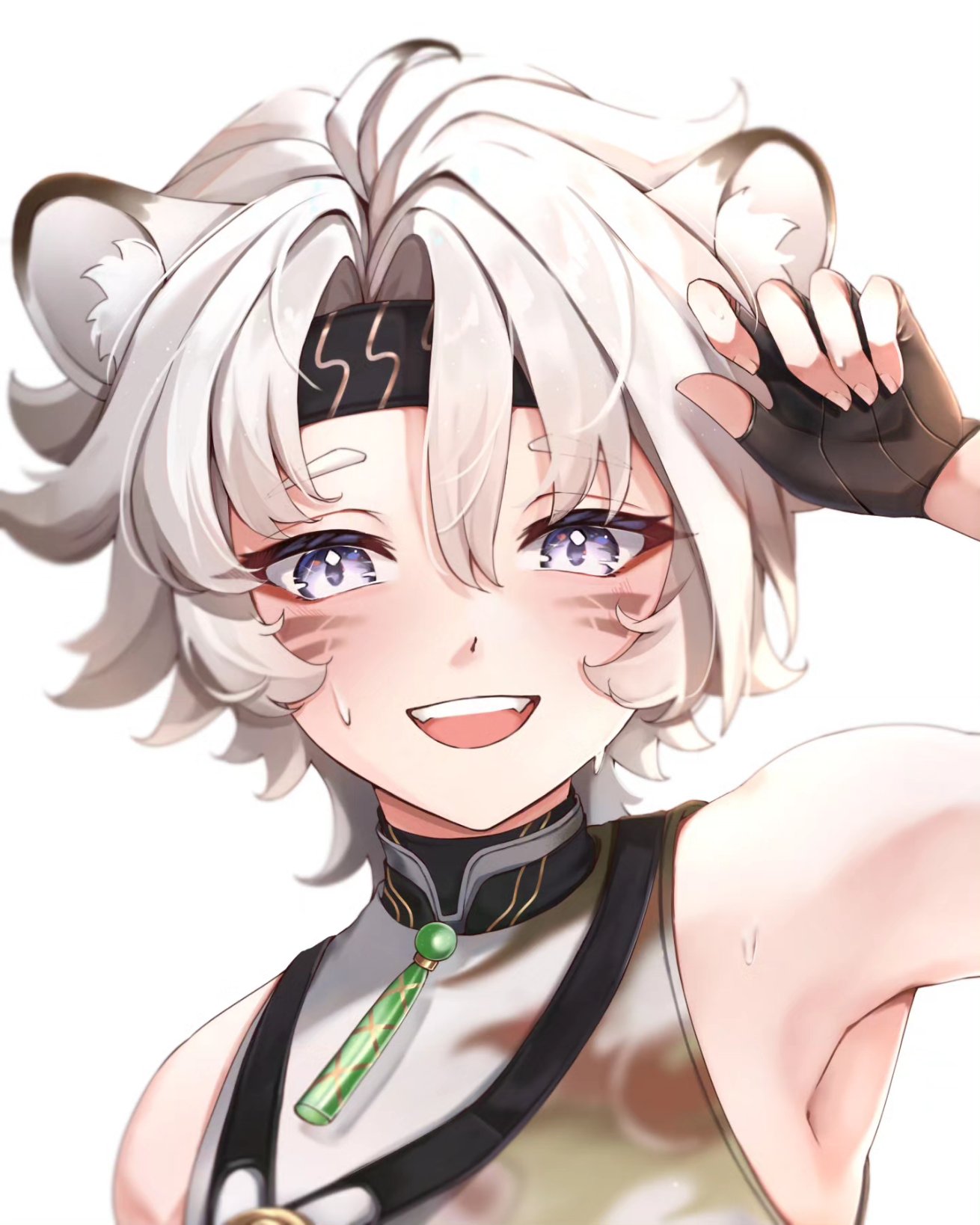 lingyang (wuthering waves), wuthering waves, commentary, english commentary, highres, ibispaint (medium), 1boy, animal ear fluff, animal ears, arm up, black gloves, black headband, blue eyes, choppy bangs, facial mark, fingerless gloves, gloves, grey shirt, hair between eyes, headband, looking at viewer, male focus, open mouth, riria mona1, shirt, short hair, simple background, sleeveless, sleeveless shirt, smile, solo, sweat, teeth, upper body, upper teeth only, whisker markings, white background, white hair, wolf boy, wolf ears