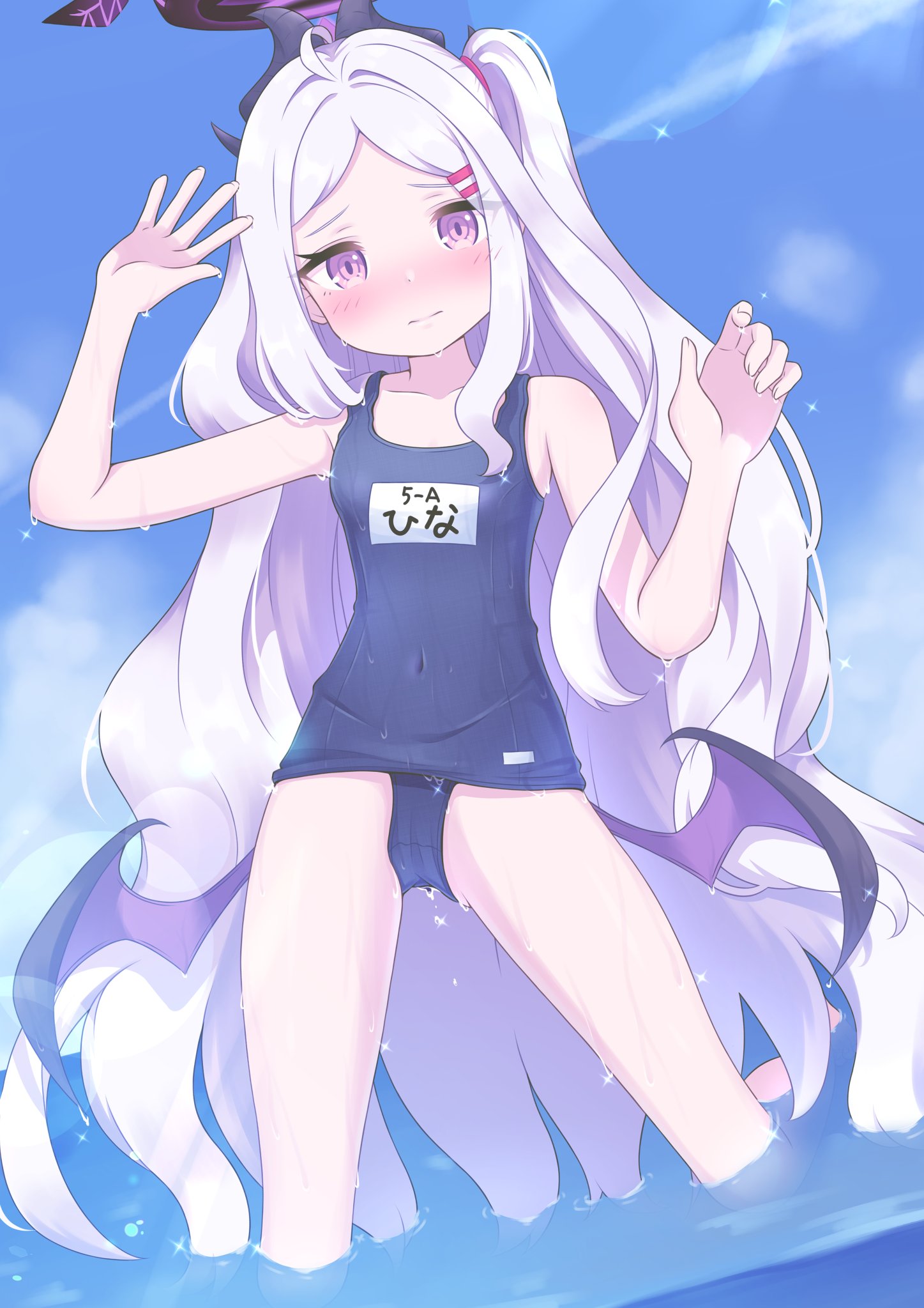 tadano water, hina (blue archive), hina (swimsuit) (blue archive), blue archive, highres, 1girl, ahoge, black halo, breasts, day, demon girl, demon horns, demon wings, halo, horns, long hair, looking at viewer, low wings, ocean, old school swimsuit, outdoors, purple eyes, school swimsuit, small breasts, solo, standing, swimsuit, very long hair, white hair, wings