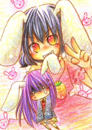 minomushi (artist), inaba tewi, reisen udongein inaba, touhou, biting ear, bad id, bad pixiv id, lowres, 2girls, biting, chibi, female focus, mouth hold, multiple girls