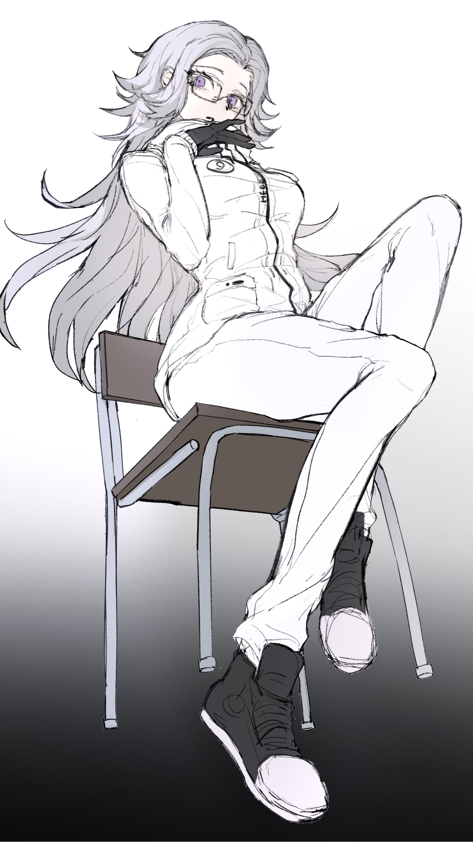 aotsuki eito, the hundred line -last defense academy-, absurdres, commentary, highres, 1girl, 7tannnnnn, black background, black gloves, black shoes, breasts, chair, genderswap, genderswap (mtf), glasses, gloves, gradient background, grey hair, hand up, invisible floor, jacket, long hair, looking at viewer, medium breasts, pants, pocket, purple eyes, shoes, simple background, sitting, solo, two-tone background, white background, white jacket, white pants