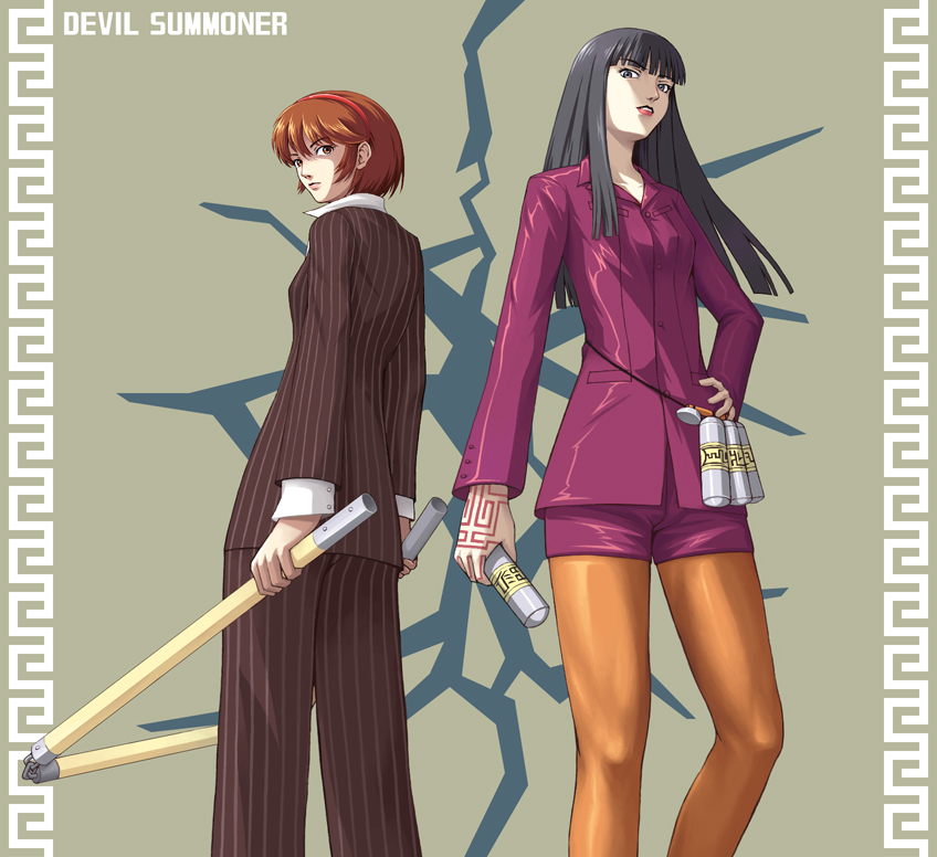 satoshi (artist), naomi (soul hackers), rei reiho, devil summoner: soul hackers, devil summoner (series), 2girls, black hair, brown hair, formal clothes, hairband, kaya daidouji, multiple girls, pantyhose, suit, yellow pantyhose