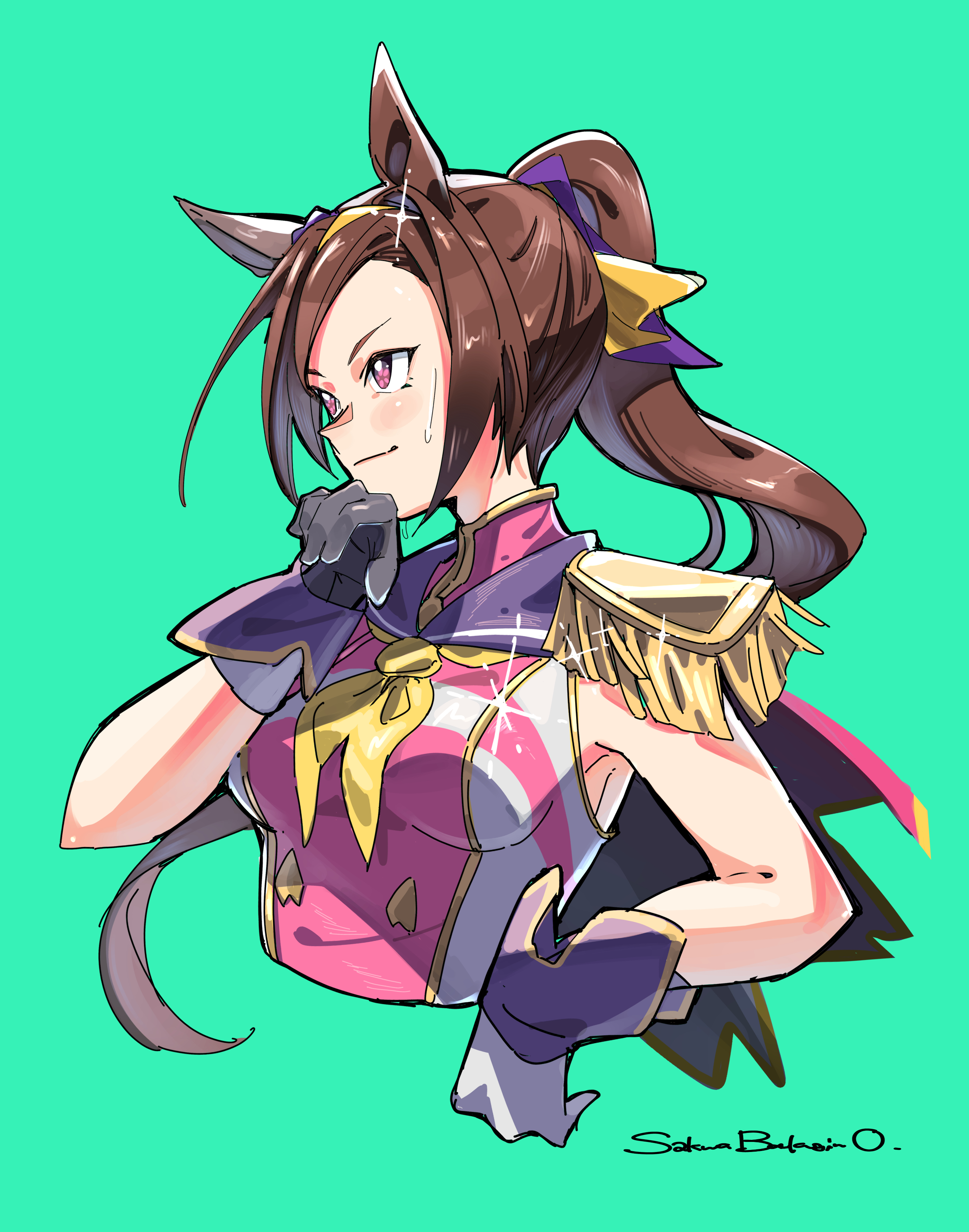 ohayonabeno, sakura bakushin o (blossom in learning) (umamusume), sakura bakushin o (umamusume), umamusume, absurdres, highres, 1girl, animal ears, blue sailor collar, blush, breasts, brown hair, closed mouth, dress, ear ornament, epaulettes, flower in eye, gloves, gold hairband, hair ornament, hairband, horse ears, horse girl, long hair, medium breasts, neckerchief, pink dress, ponytail, purple eyes, sailor collar, simple background, smile, solo, sweatdrop, symbol in eye, upper body, white dress, white gloves, yellow neckerchief
