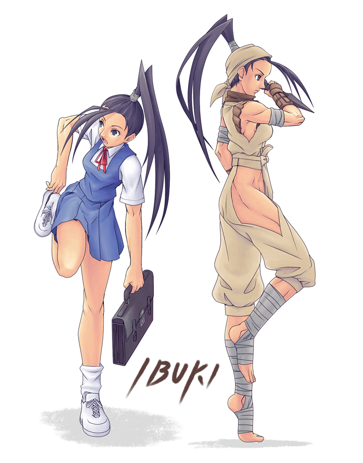 satoshi (artist), ibuki (street fighter), capcom, street fighter, street fighter iii (series), 1girl, ahoge, bandages, black hair, clothing cutout, dual persona, hip vent, long hair, muscular, ninja, ponytail, school uniform