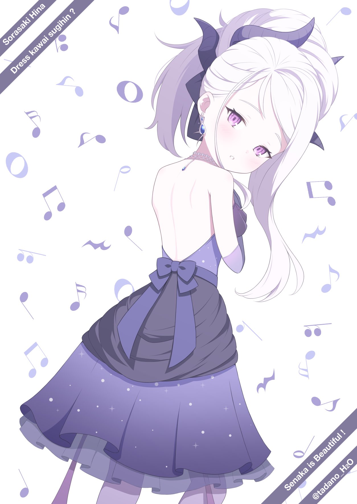 tadano water, hina (blue archive), hina (dress) (blue archive), blue archive, highres, 1girl, blush, demon girl, demon horns, demon wings, dress, elbow gloves, gloves, horns, long hair, looking at viewer, low wings, purple dress, purple eyes, purple gloves, solo, white hair, wings