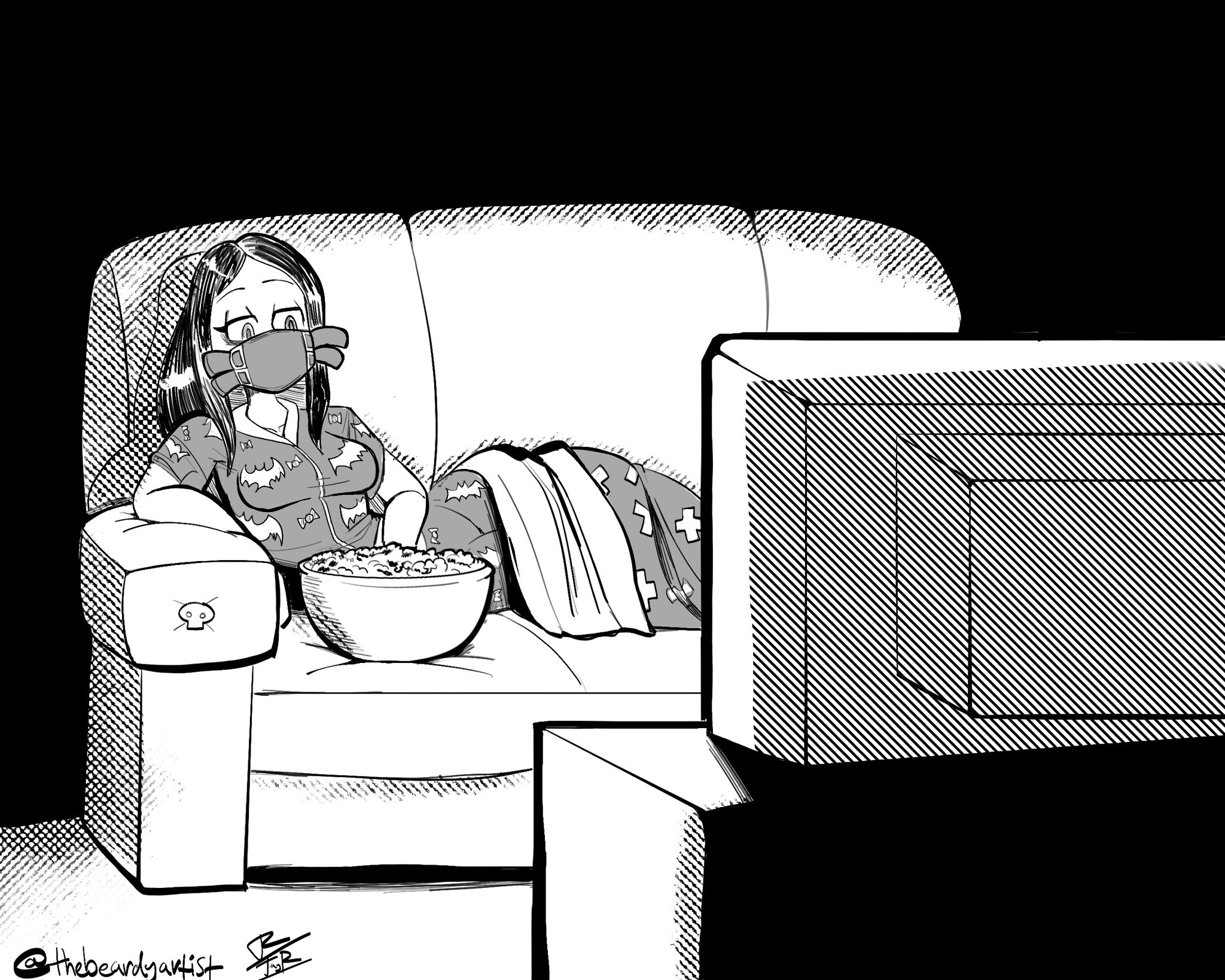thebeardyartist, hallow (skullgirls), skullgirls, tagme, couch, lying, mask, monochrome, on side, pajamas, television