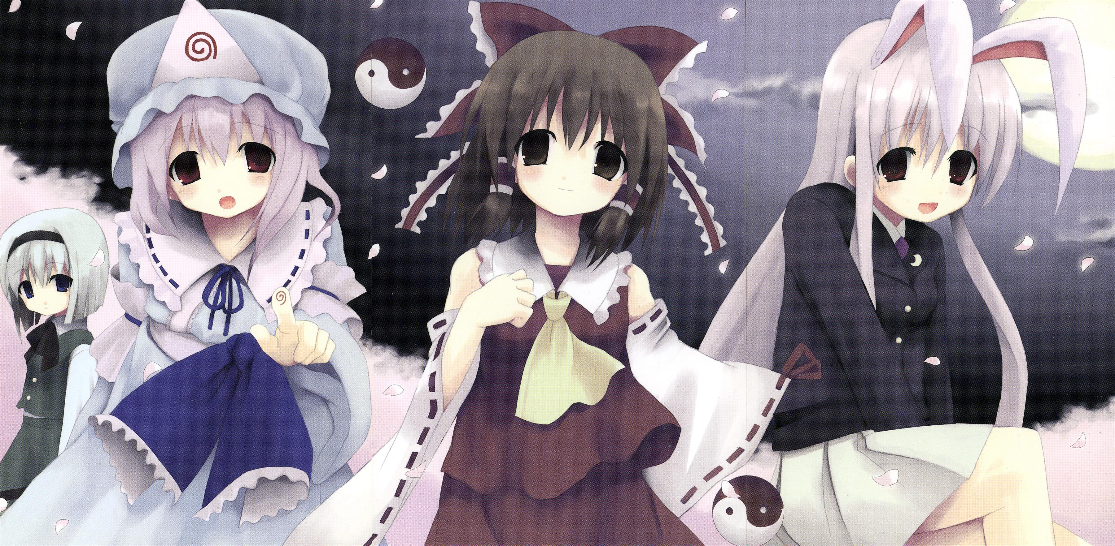 shiro (octet), siro (artist), hakurei reimu, konpaku youmu, reisen udongein inaba, saigyouji yuyuko, touhou, absurdres, highres, 4girls, dress, female focus, gradient background, hat, japanese clothes, miko, multiple girls, nature, outdoors, plant, skirt, sky