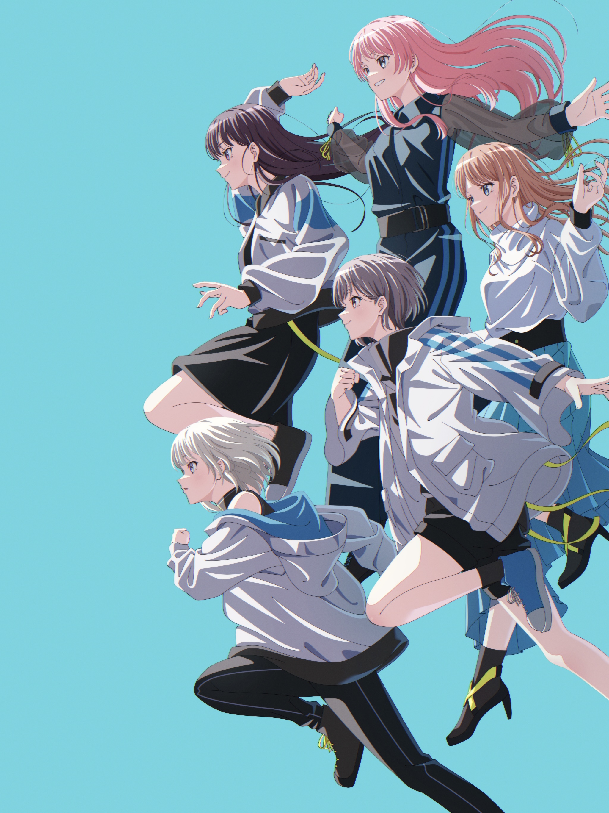 yasou0049, chihaya anon, kaname raana, nagasaki soyo, shiina taki, takamatsu tomori, bang dream!, bang dream! it's mygo!!!!!, absurdres, commentary request, highres, 5girls, arms up, black dress, black pants, black shirt, black shoes, black shorts, black skirt, blue background, blue eyes, blue skirt, brown eyes, brown hair, closed mouth, dress, floating hair, grey eyes, grey hair, hood, hood down, hooded jacket, jacket, long hair, long sleeves, mole, mole under eye, multiple girls, mygo!!!!! (bang dream!), open clothes, open jacket, open mouth, pants, pink hair, purple eyes, see-through clothes, see-through sleeves, shirt, shoes, short hair, shorts, sidelocks, simple background, skirt, smile, sweater, white hair, white jacket, white sweater