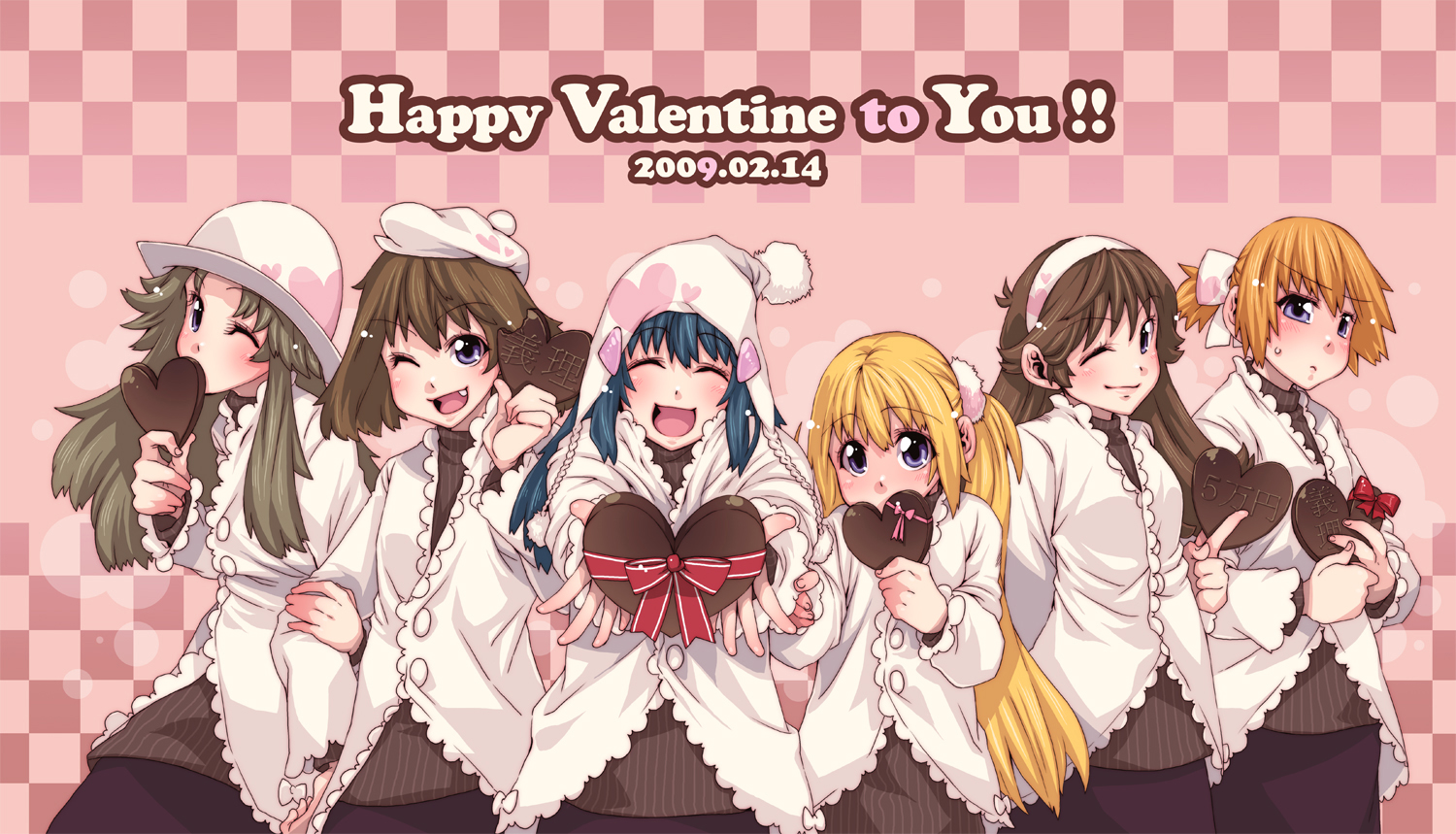 takanashi ringo, dawn (pokemon), green (pokemon), may (pokemon), misty (pokemon), yellow (pokemon), nintendo, pokemon, pokemon adventures, pokemon frlg, 00s, 6+girls, beanie, beret, blonde hair, blue hair, blush, brown hair, cardigan, chocolate, gift, hair ornament, hairclip, happy valentine, hat, headband, heart, multiple girls, orange hair, ribbon, valentine