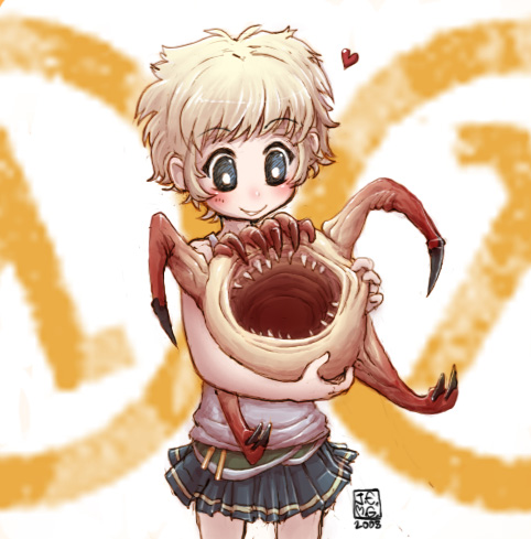 j-e-m-g, headcrab, half-life, lowres, blonde hair, blue eyes, blush, child, heart, short hair, skirt, smile