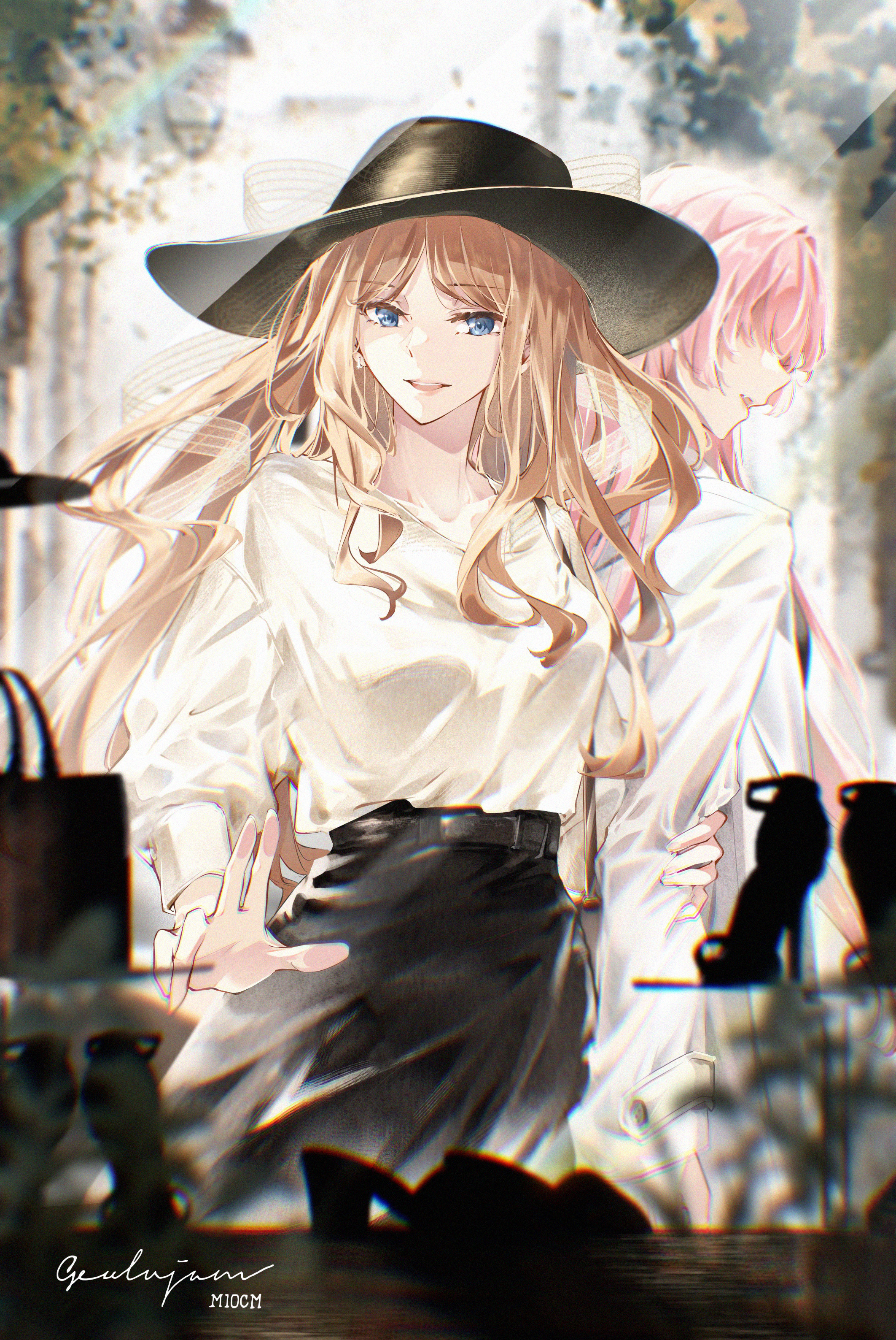 m10cmdesu, chihaya anon, nagasaki soyo, bang dream!, bang dream! it's mygo!!!!!, absurdres, commentary, highres, 2girls, black hat, black skirt, blue eyes, blurry, brown hair, depth of field, grabbing another's arm, hat, jacket, long hair, long sleeves, multiple girls, open mouth, pink hair, shirt, skirt, white jacket, white shirt