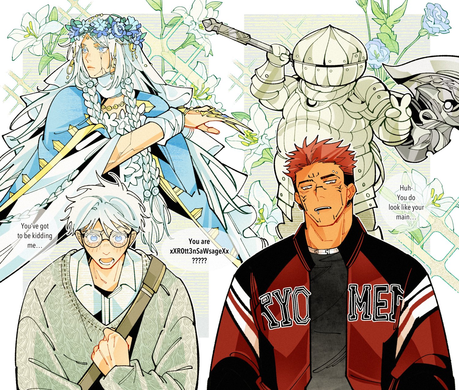 308albi, gojou satoru, ryoumen sukuna (jujutsu kaisen), elden ring, jujutsu kaisen, highres, 2boys, alternate costume, androgynous, armor, axe, bespectacled, bishounen, blue cloak, blue eyes, character name, cloak, cross-eyed, english text, eyelashes, facial tattoo, flower, flower wreath, full armor, glasses, holding, holding axe, jacket, long hair, multiple boys, orange eyes, red hair, red jacket, round eyewear, tattoo, teeth, upper body, upper teeth only, veil, white flower, white hair