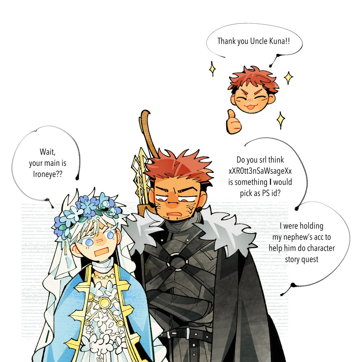 308albi, gojou satoru, itadori yuuji, ryoumen sukuna (jujutsu kaisen), elden ring, jujutsu kaisen, highres, 3boys, black cape, blue cloak, blue eyes, bow, cape, cloak, closed eyes, english text, eyelashes, facial tattoo, flower wreath, fur-trimmed cape, fur trim, multiple boys, orange eyes, quiver, red hair, sparkle, tattoo, thumbs up, upper body, white hair