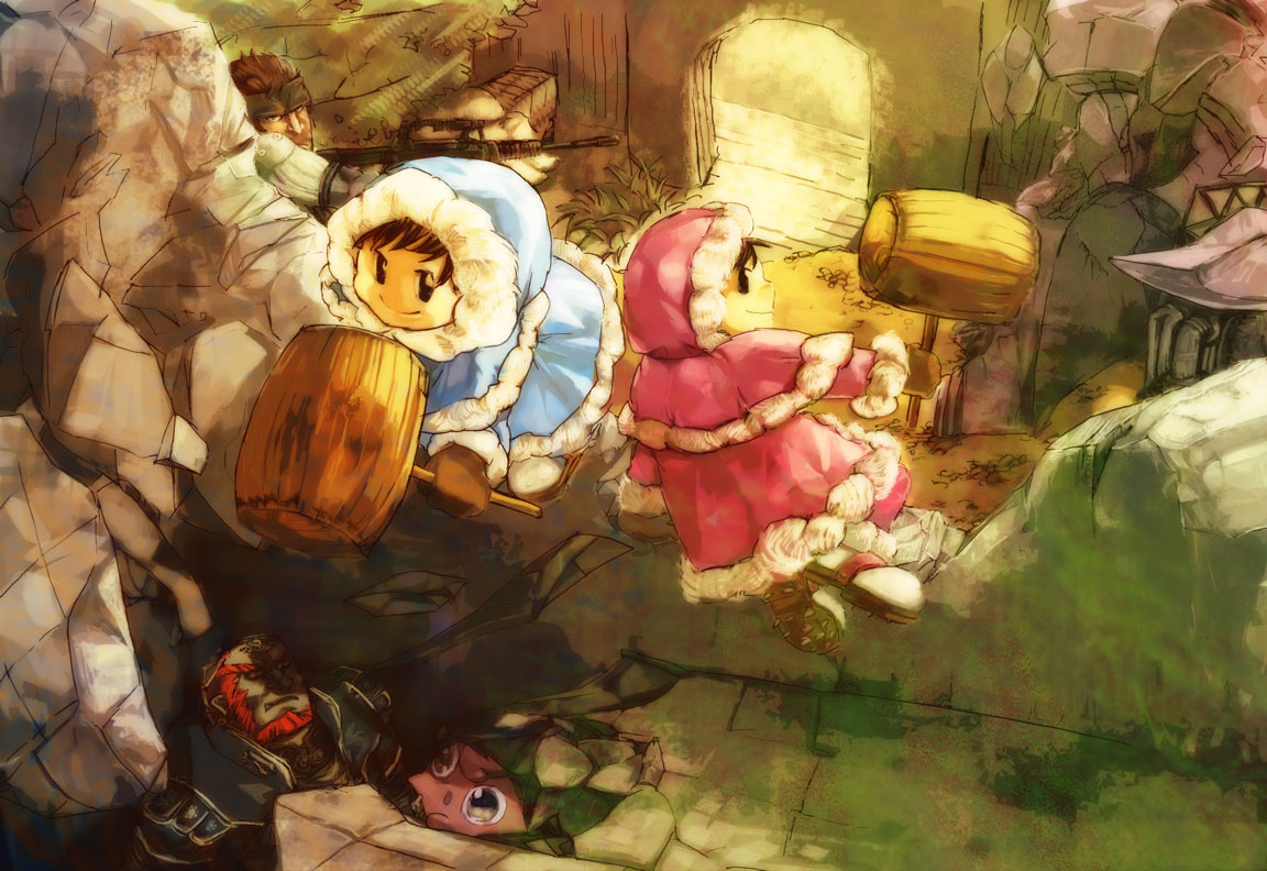 tl (artist), ganondorf, ice climbers, jigglypuff, nana (ice climber), popo (ice climber), solid snake, ice climber, metal gear (series), metal gear solid, nintendo, pokemon, super smash bros., the legend of zelda, 1girl, 3boys, assault rifle, crossover, gen 1 pokemon, gun, multiple boys, pokemon (creature), rifle, ruins, weapon