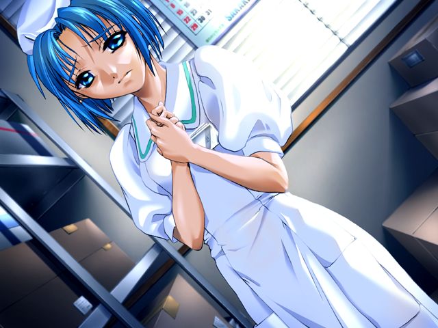 yoshino keiko, suzumoto eri, ingoku byoutou ~himerareta wana~, game cg, jpeg artifacts, 1girl, blue eyes, blue hair, dutch angle, female focus, matching hair/eyes, nurse, short hair, solo