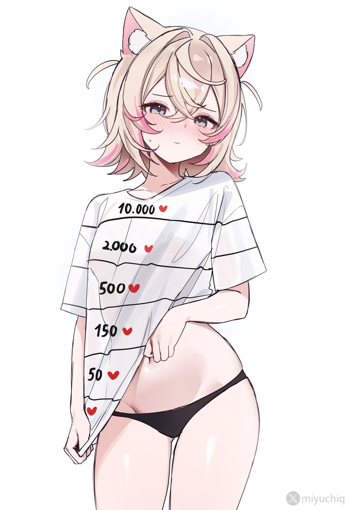 miyuchiq, mococo abyssgard, hololive, hololive english, highres, 1girl, alternate costume, animal ear fluff, animal ears, black panties, blonde hair, blue eyes, blush, closed mouth, clothes lift, cowboy shot, dog ears, embarrassed, groin, hair between eyes, half-closed eyes, looking at viewer, multicolored hair, navel, no pants, panties, pink hair, shirt, shirt lift, short hair, short sleeves, simple background, small sweatdrop, solo, stomach, streaked hair, t-shirt, twitter strip game, twitter username, underwear, virtual youtuber, white background, white shirt