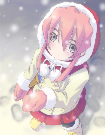 presea combatir, tales of (series), tales of symphonia, lowres, 00s, 1girl, blue eyes, blush, coat, female focus, gloves, hood, knife, pantyhose, pink hair, skirt, smile, snow, solo, winter, winter clothes, winter coat