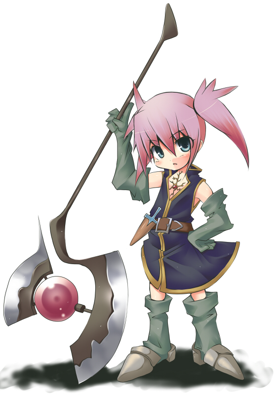 rando seru, presea combatir, tales of (series), tales of symphonia, 00s, 1girl, axe, belt, blue eyes, boots, elbow gloves, female focus, gloves, knee boots, knife, pink hair, solo, twintails, weapon