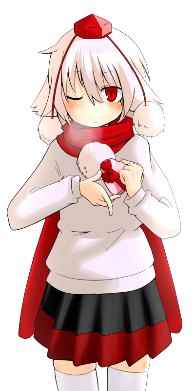 wk (low-f), inubashiri momiji, touhou, bad id, bad pixiv id, 1girl, animal ears, blush, female focus, gift, hat, heart, holding, holding gift, red eyes, ribbon, scarf, short hair, skirt, solo, sweater, thighhighs, tokin hat, valentine, white hair, wolf ears