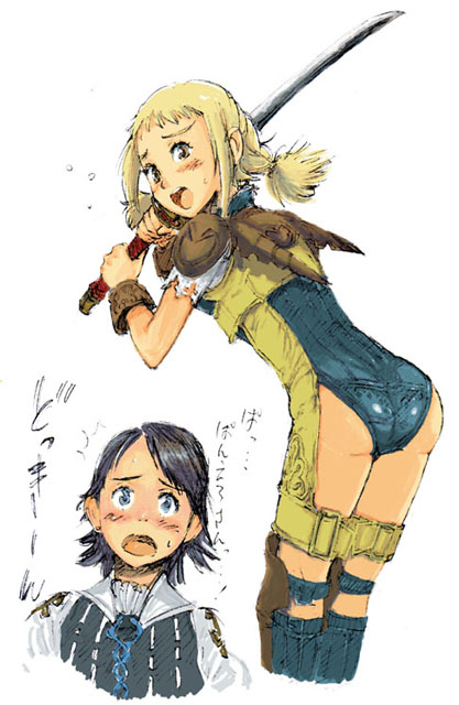 hirokazu, larsa ferrinas solidor, penelo, final fantasy, final fantasy xii, 00s, 1boy, 1girl, ass, black hair, blonde hair, blue eyes, blush, boots, braid, oekaki, sword, thigh strap, twin braids, weapon, yellow eyes