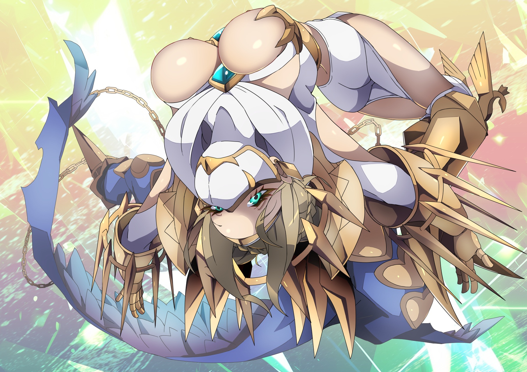 roy payne, junomon, digimon, commentary, highres, 1girl, arched back, ass, blonde hair, blue eyes, breasts, chain, digimon (creature), earrings, gold chain, jewelry, large breasts, looking at viewer, mask, mouth mask, ninja mask, no humans, solo, white mask