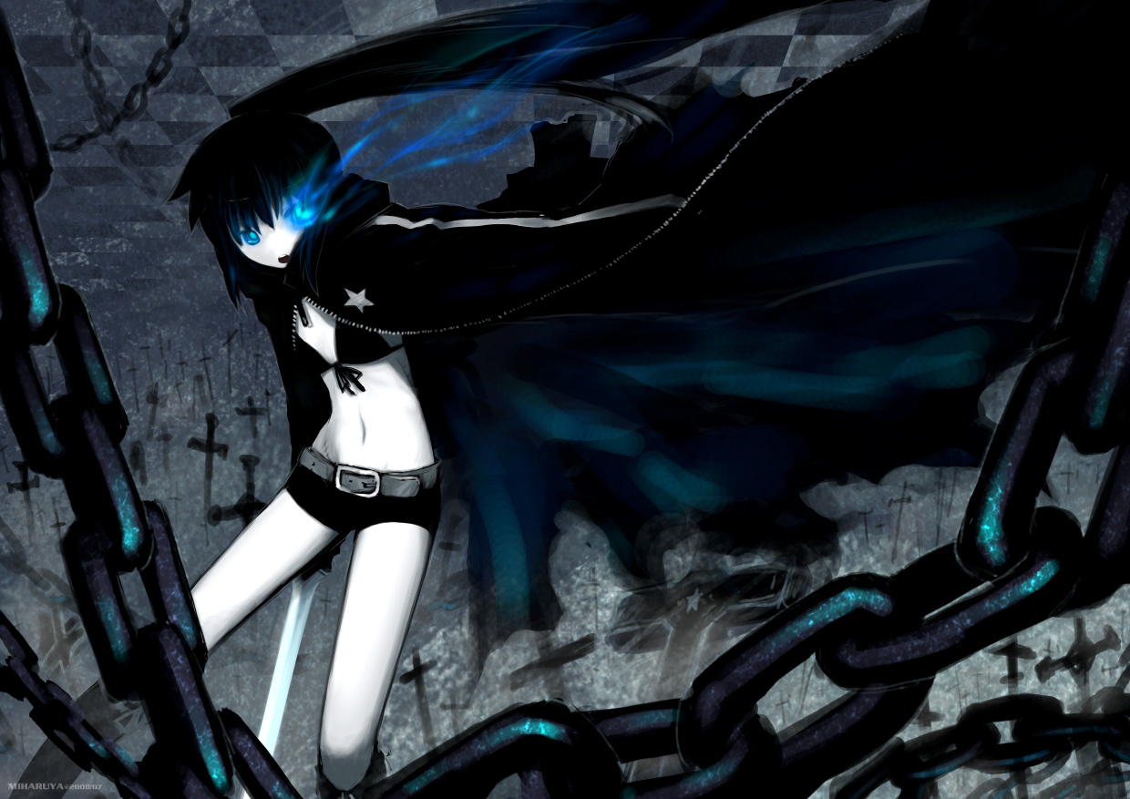 miharu (cgsky), black rock shooter (character), kyonko, black rock shooter, suzumiya haruhi no yuuutsu, 1girl, belt, black hair, black rock shooter (cosplay), blue eyes, boots, bra, cape, chain, cosplay, female focus, genderswap, genderswap (mtf), glowing, glowing eye, glowing eyes, lingerie, long hair, midriff, parody, ponytail, short shorts, shorts, solo, sword, underwear, weapon