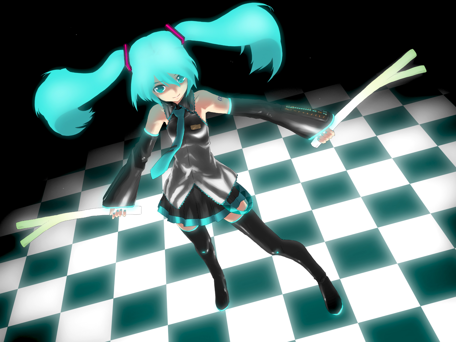 miharu (cgsky), hatsune miku, vocaloid, highres, 1girl, aqua eyes, aqua hair, aqua nails, checkered floor, detached sleeves, dual wielding, female focus, holding, long hair, nail polish, necktie, perspective, skirt, solo, spring onion, thighhighs, twintails, very long hair, zettai ryouiki